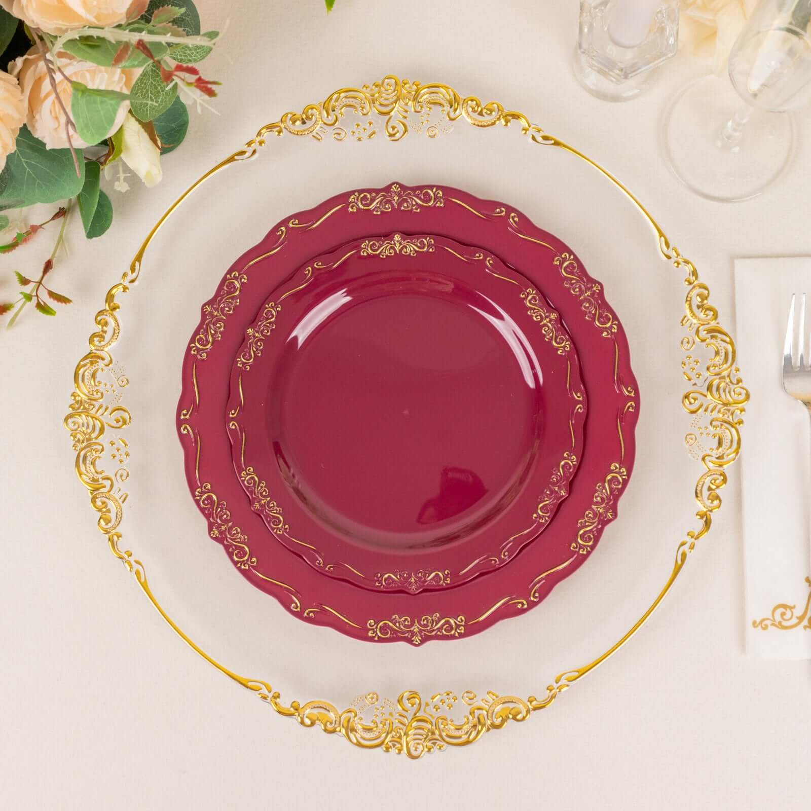 10-Pack Plastic 7" Round Dessert Plates in Burgundy with Gold Vintage Embossed Rim - Sturdy Disposable Scalloped Edge Salad Plates