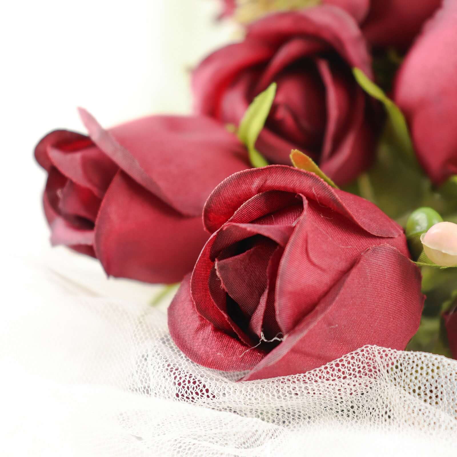 3 Pack 13" Burgundy Real Touch Silk Rose Bud Flower Bridal Bouquets, Artificial Floral Bush Arrangements