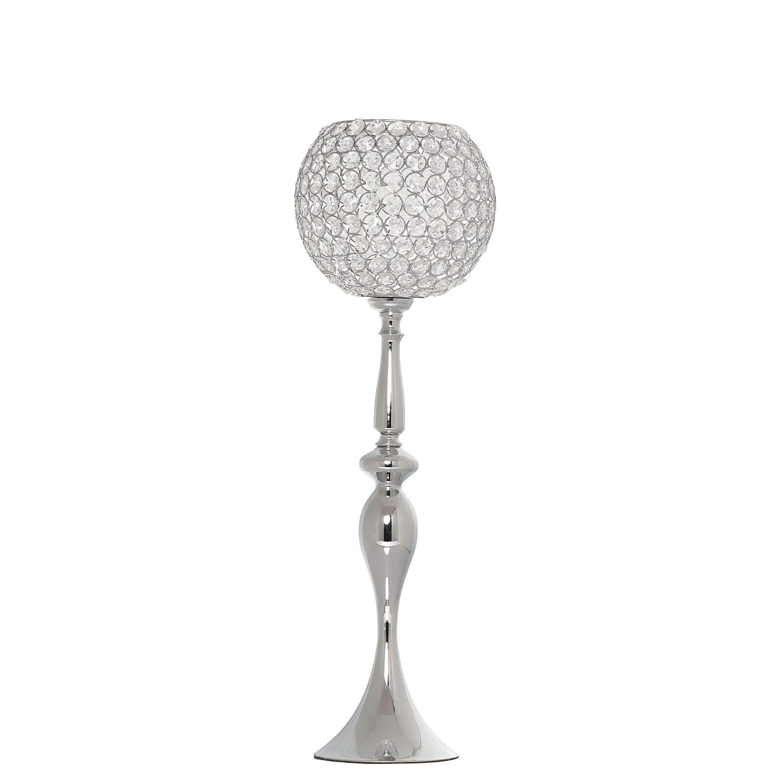 Acrylic Crystal Beaded Goblet Candle Holder Silver - Exquisite Flower Ball Centerpiece Stand for High-End Event Styling 30"