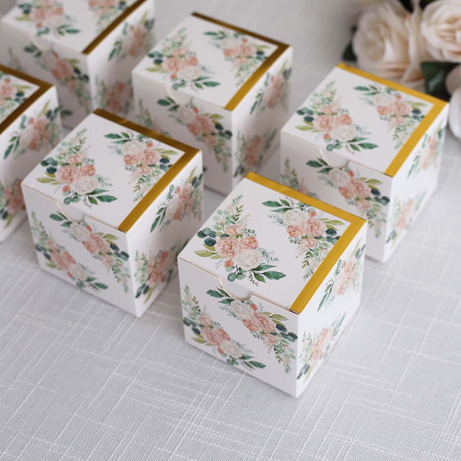 25 Pack White Pink Peony Flowers Print Paper Favor Boxes with Gold Edge, Cardstock Party Shower Candy Gift Boxes - 3"x3"x3"