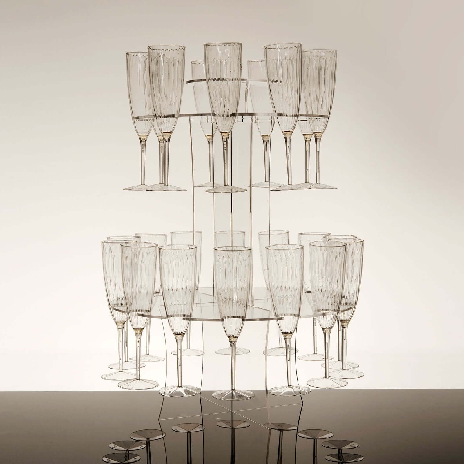 3-Tier Round Champagne Glass Holder Tower Clear Acrylic + 1 Bottle for Professional & Home Use 21"