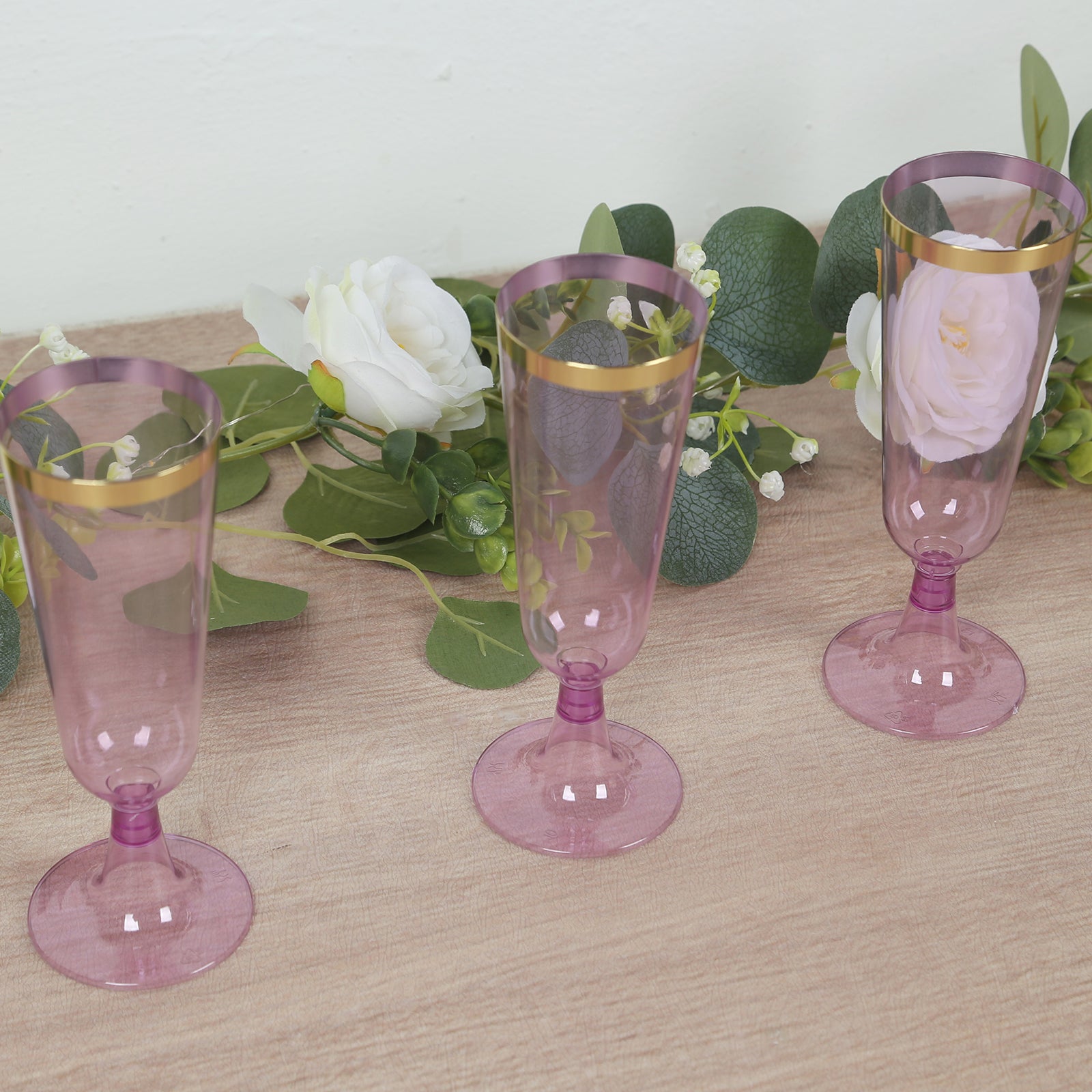 12-Pack Plastic Champagne Flutes Transparent Purple with Gold Rim - Stylish Disposable Cocktail Glasses for Parties 5oz 6"