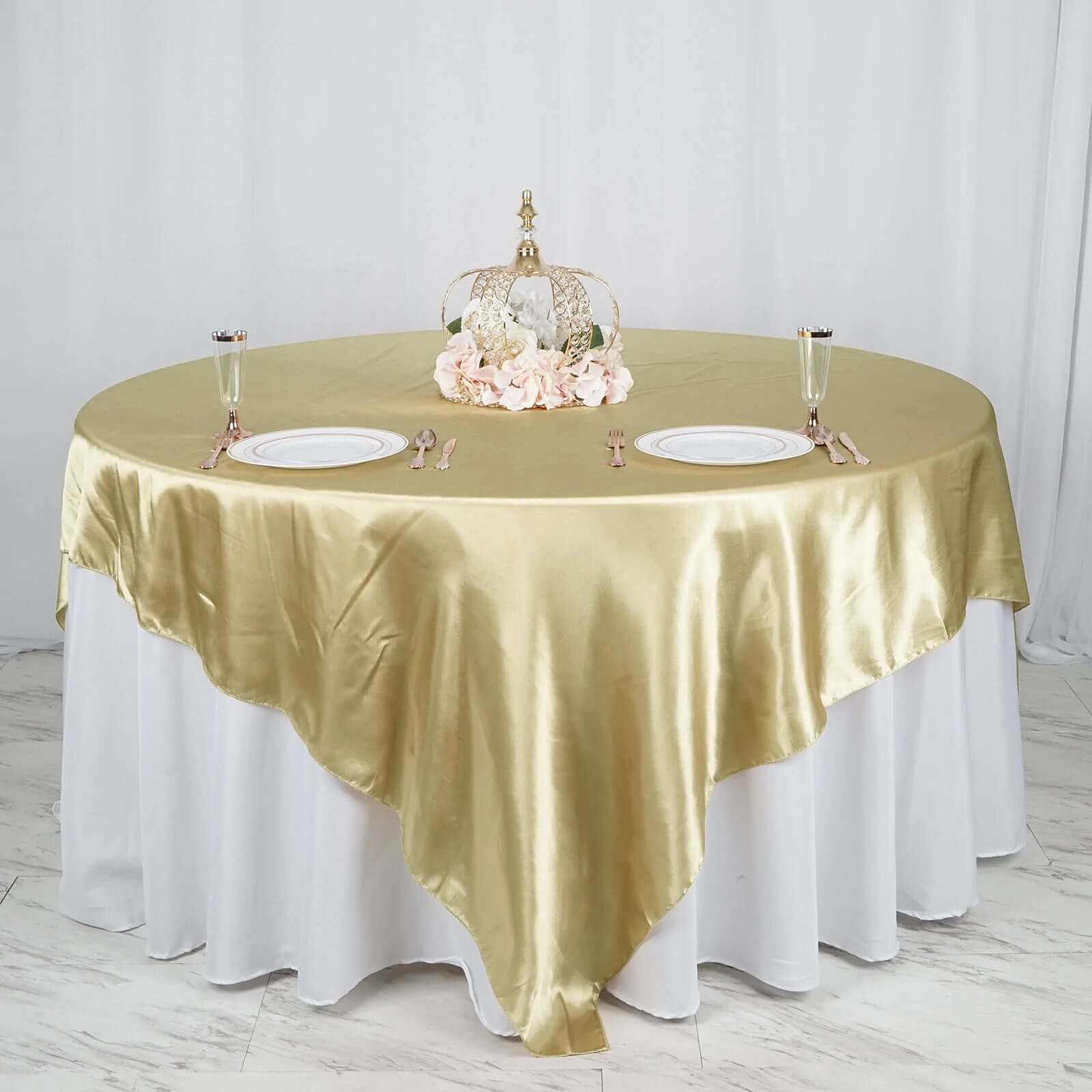 Satin 90"x90" Table Overlay Square Tablecloth Champagne - Smooth Finish Table Topper