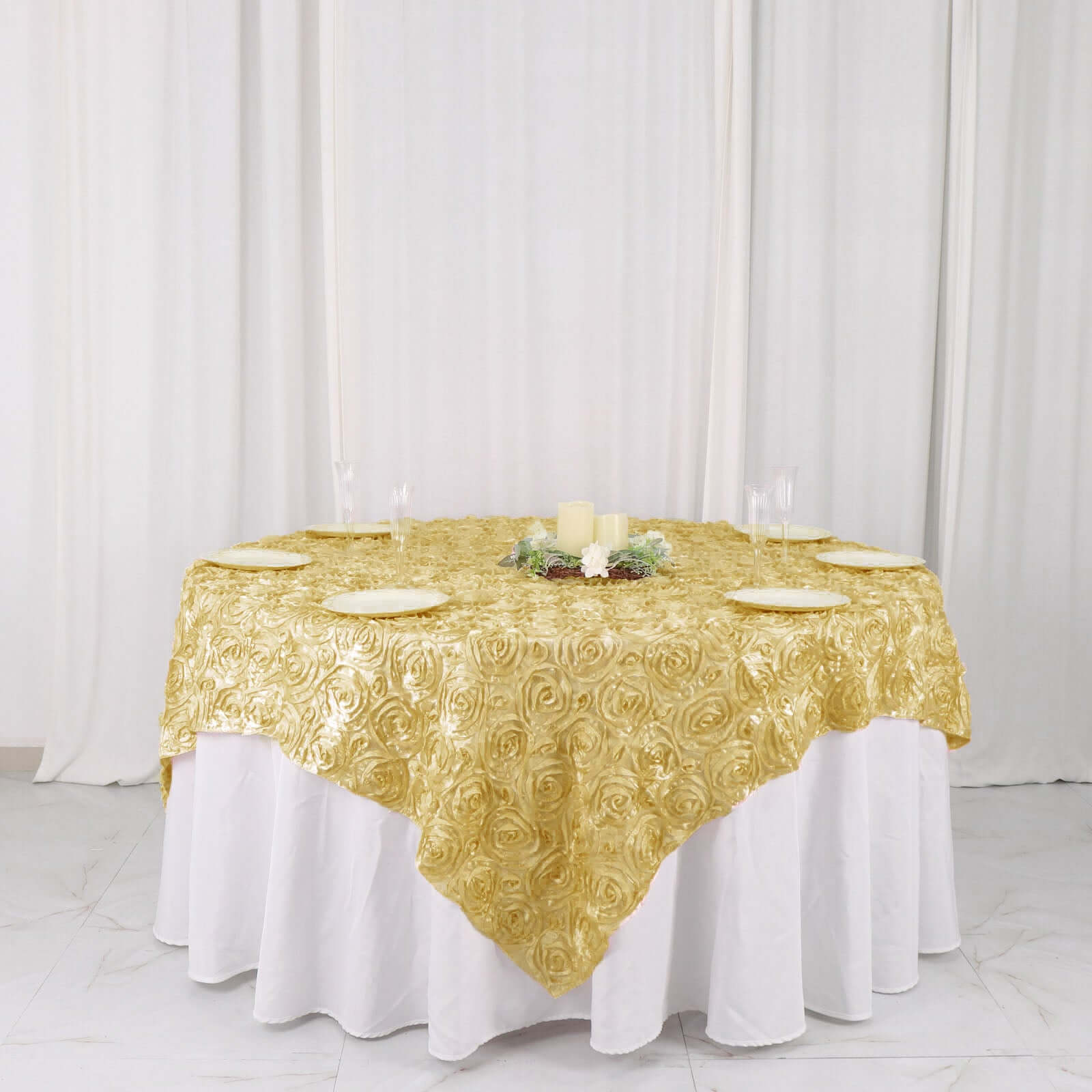 Satin 72"x72" Table Overlay Square Tablecloth Champagne - 3D Rosette Table Cover