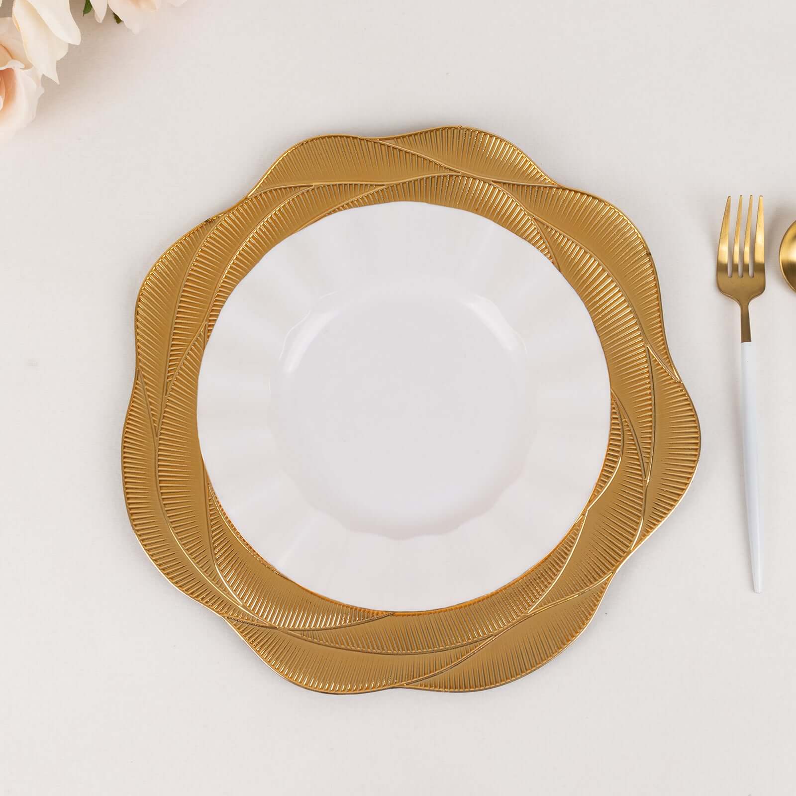 6-Pack Acrylic Round Charger Plates 13" in Metallic Gold with Ribbed Rose Pattern, Event Tabletop Decorative Charger Tableware