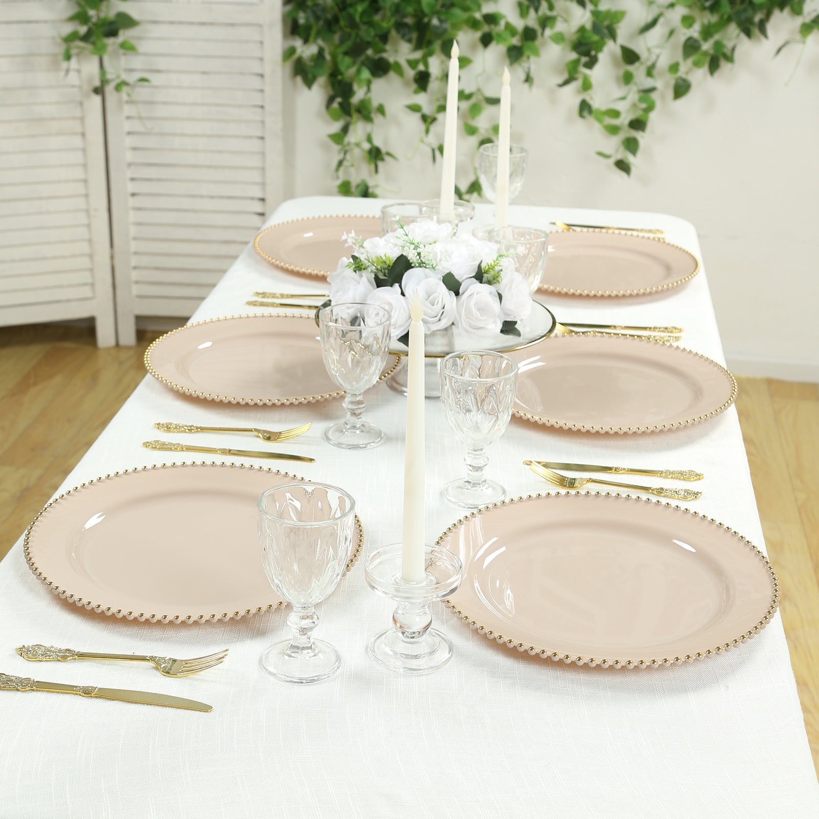 10-Pack Economy Round Plastic Charger Plates 13" in Taupe with Gold Beaded Rim, Stylish Dinner Party Serving Plates