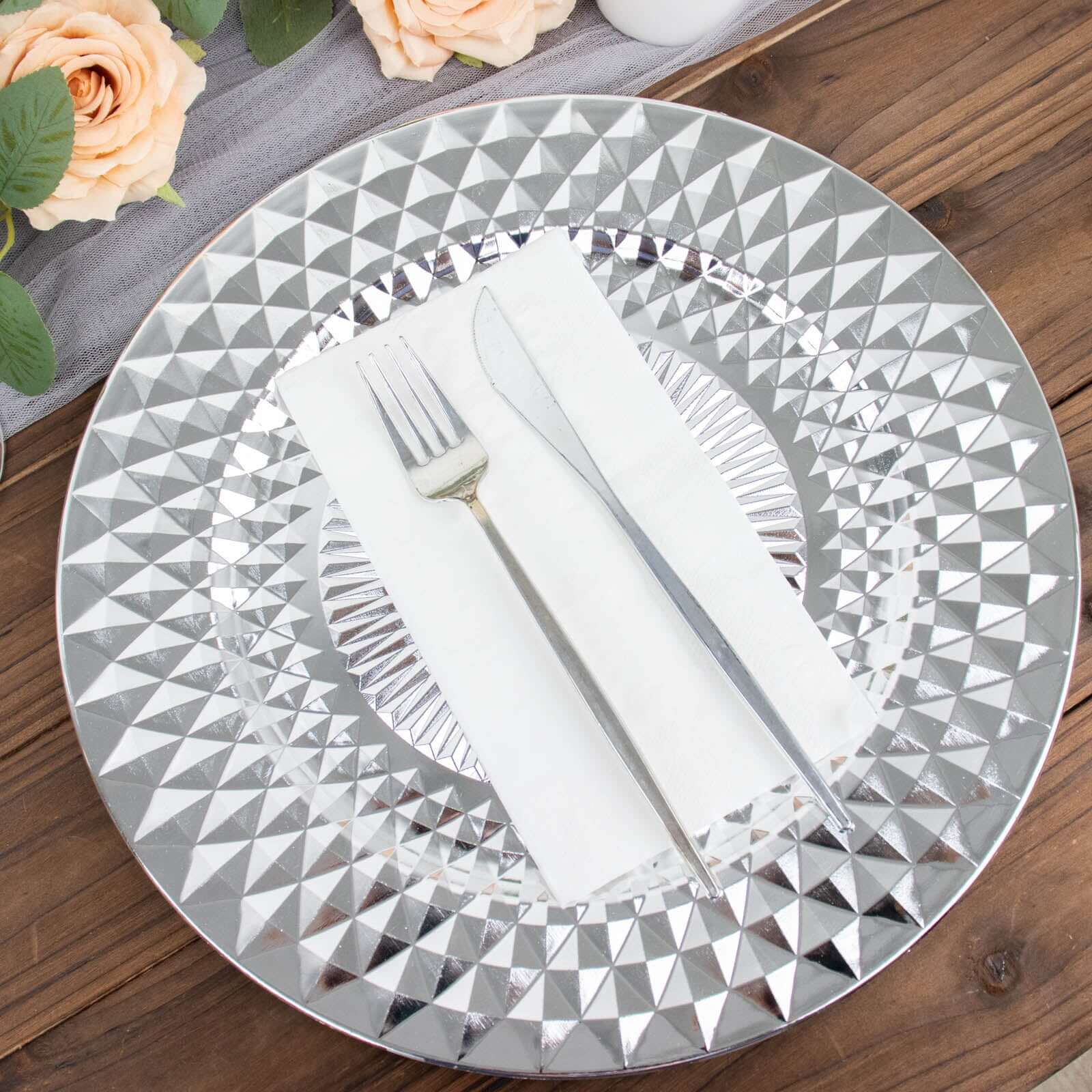6-Pack Plastic Round Charger Plates 13" in Silver with Diamond Pattern, Sparkling Disposable Dinner Charger Tableware