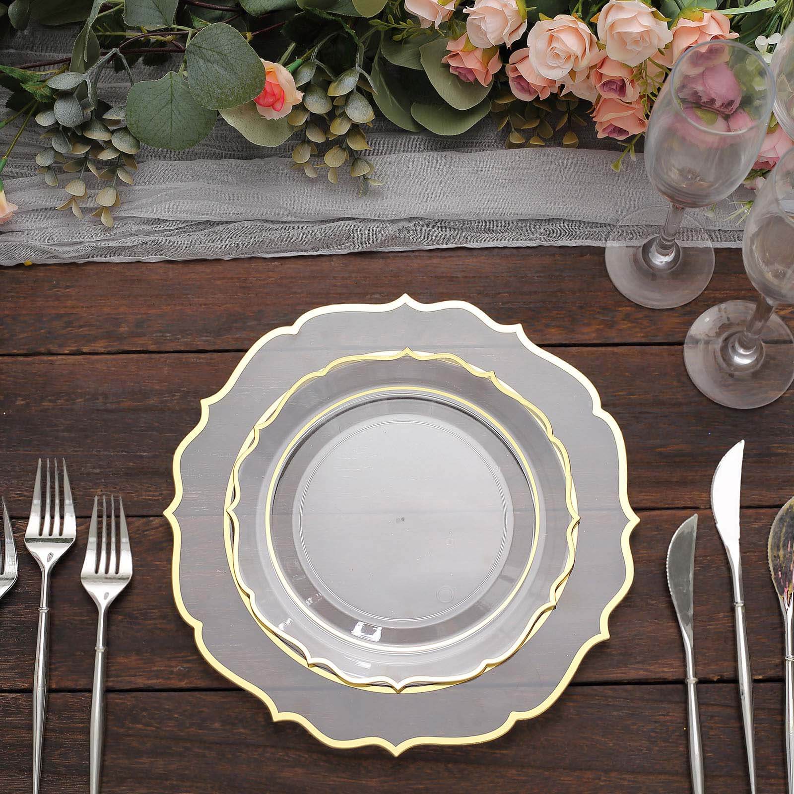 10-Pack Plastic 8" Round Dessert Plates in Clear with Gold Scalloped Rim - Disposable Appetizer/Salad Plates