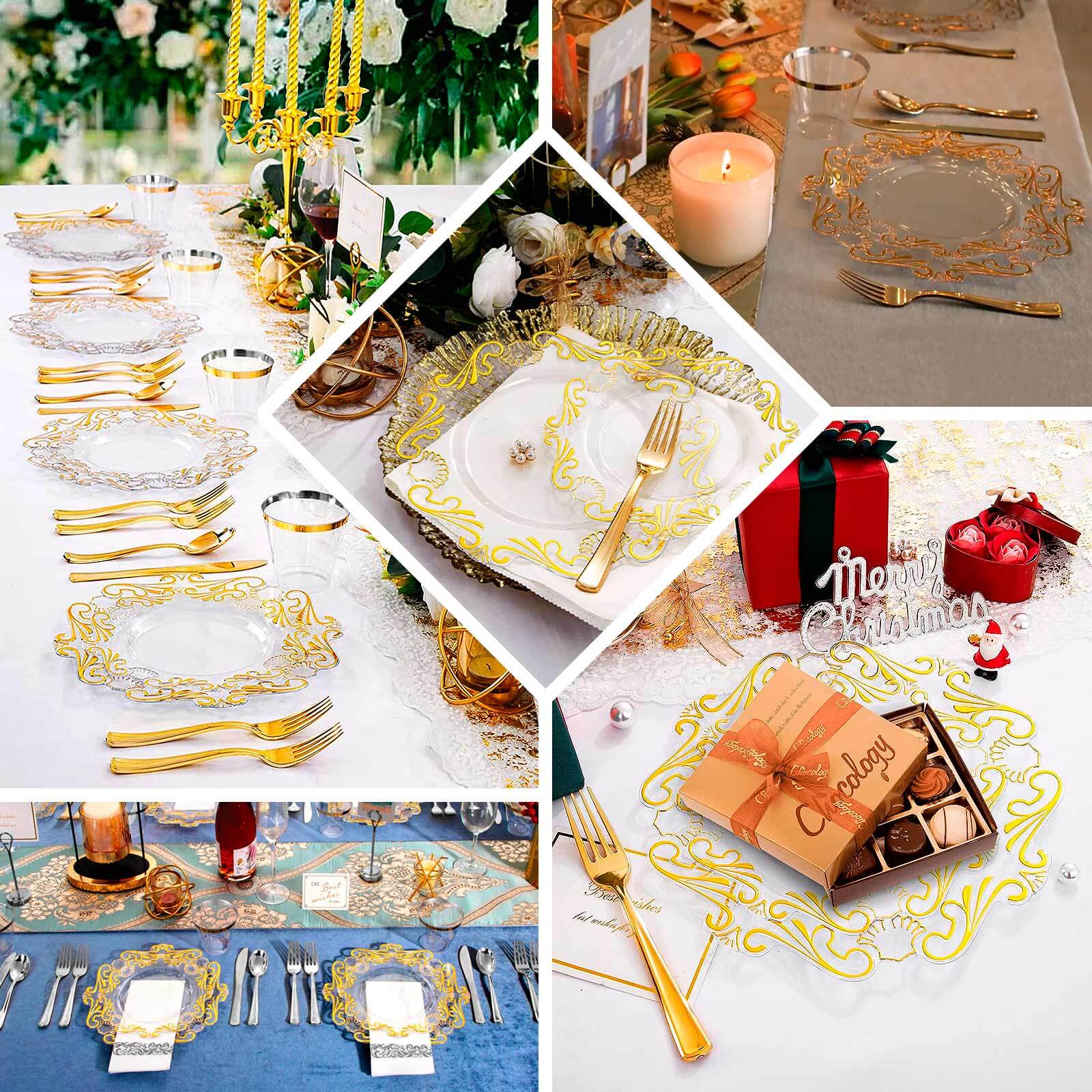 10-Pack Plastic 10" Round Dinner Plates in Clear with Gold Vintage Baroque Scalloped Rim - European Style Disposable Party Plates