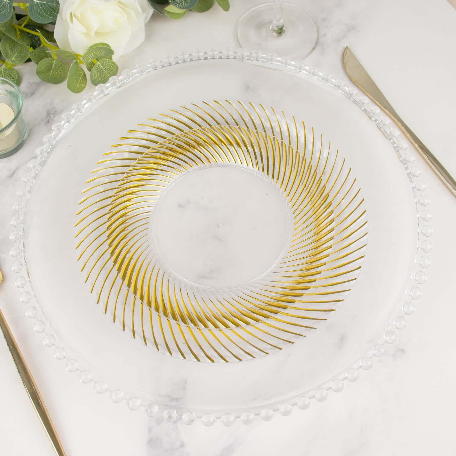 10-Pack Plastic 9" Round Dinner Plates Clear with Gold Swirl Rim - Disposable Party Plates for Classy Events & Banquets