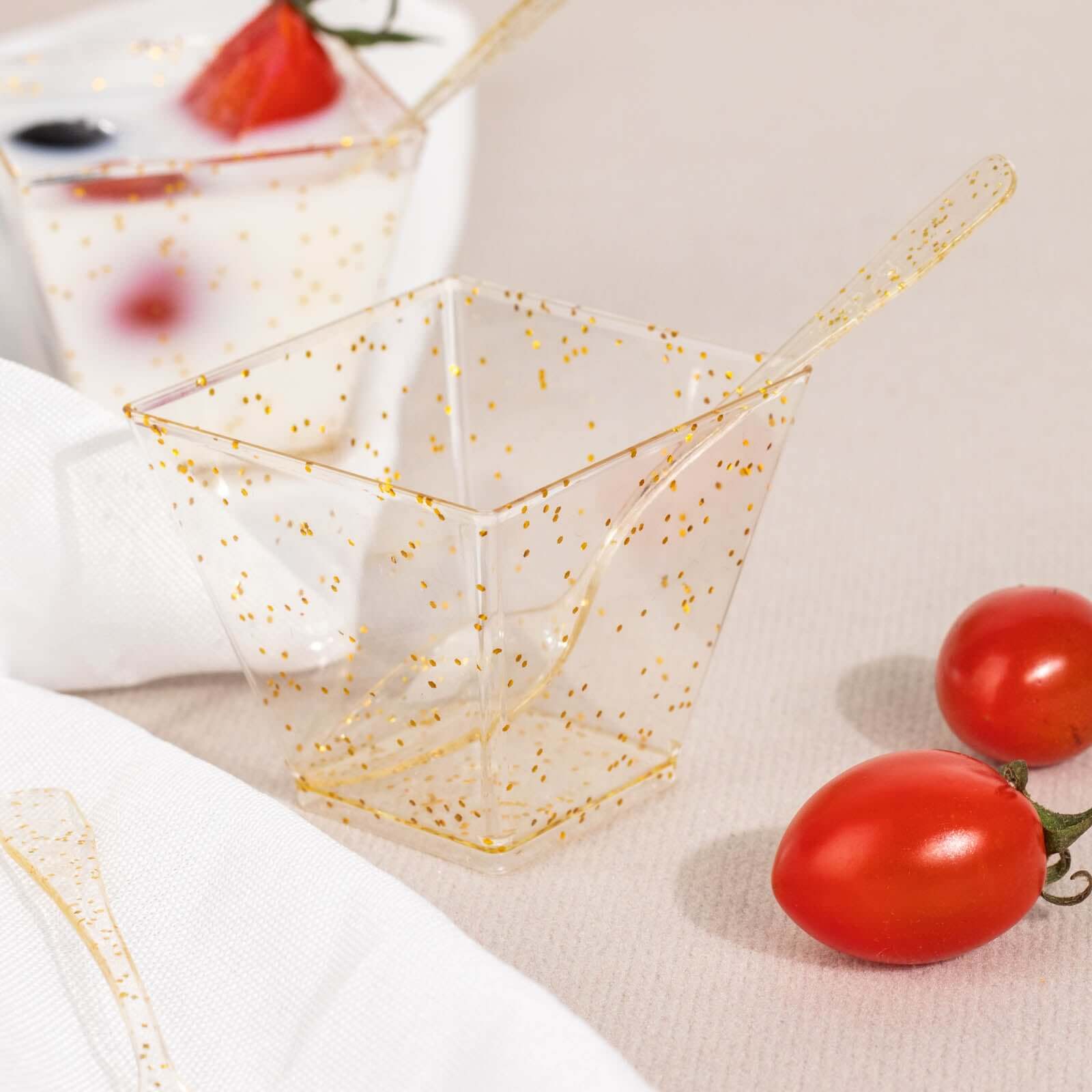 24-Pack Plastic Square Dessert Cups Clear with Gold Glitters - Disposable Snack Serving Bowls and Spoon Set for Parties, Events & Banquets 2oz