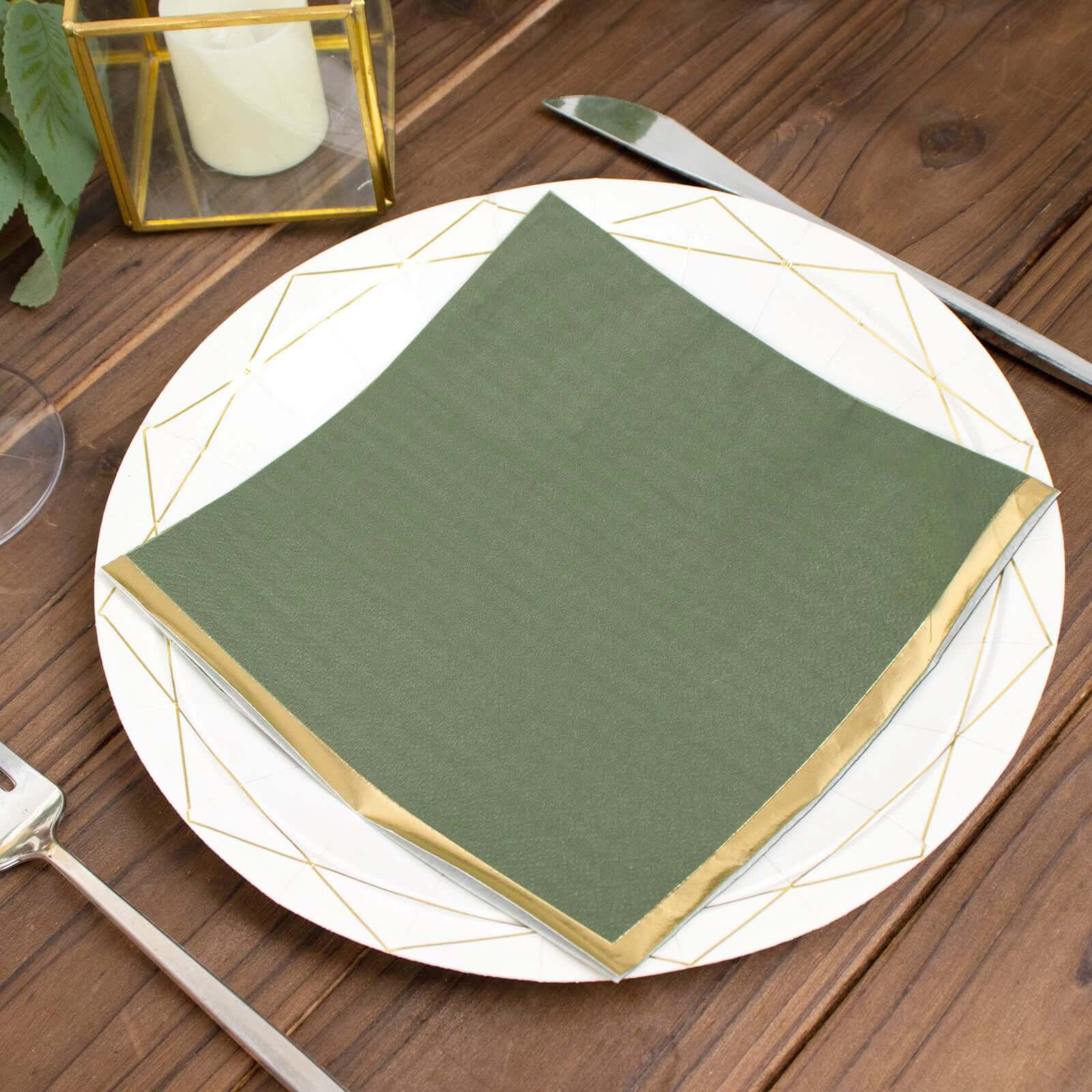 50-Pack Paper Beverage Napkins with Gold Foil Olive Green - Disposable 2 Ply Cocktail Napkins for Events 6.5"x6.5"