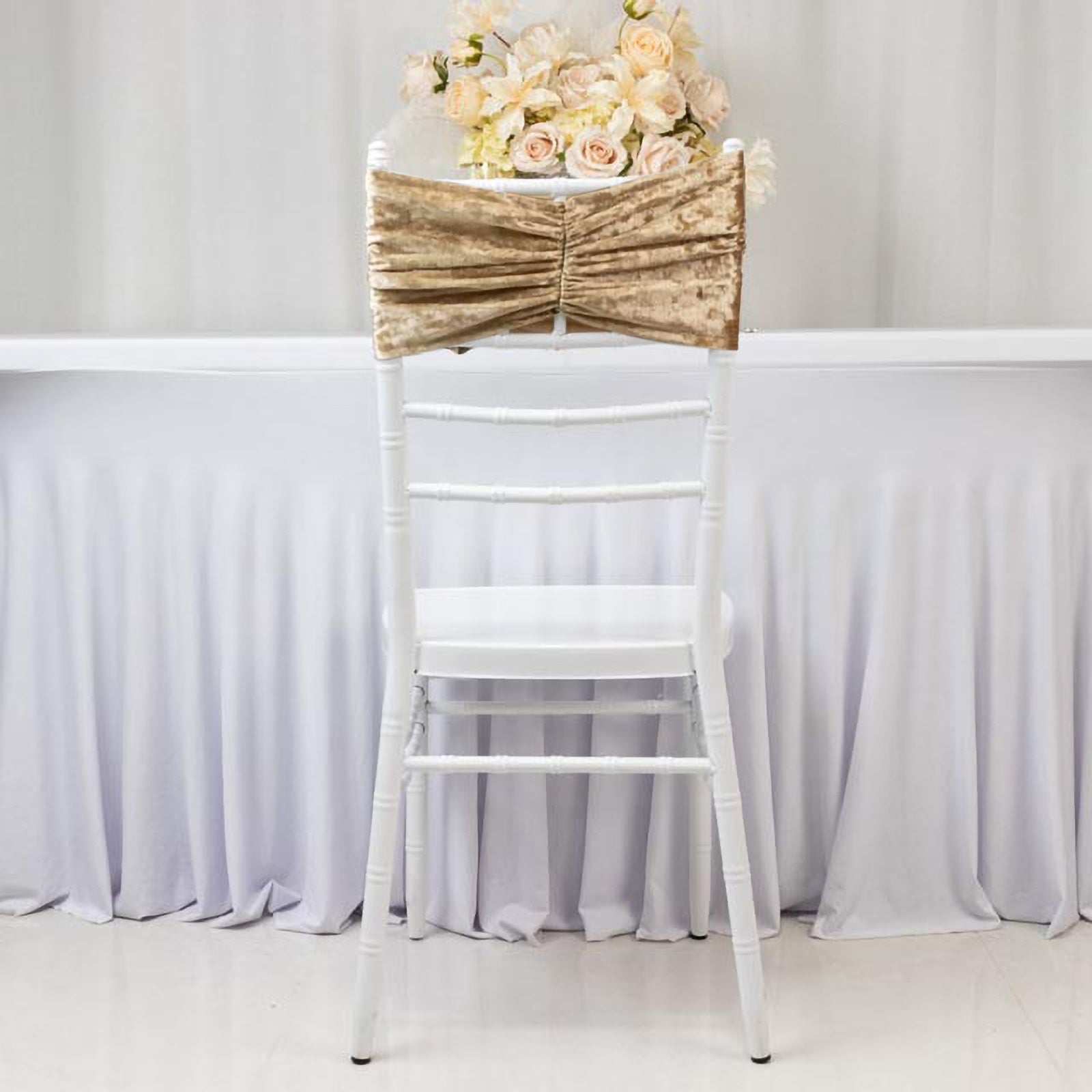 5 Pack Crushed Velvet Chair Bands Champagne Wide Ruffle Style - Textured Chair Sashes for Stunning Event Decor - 8"x15"