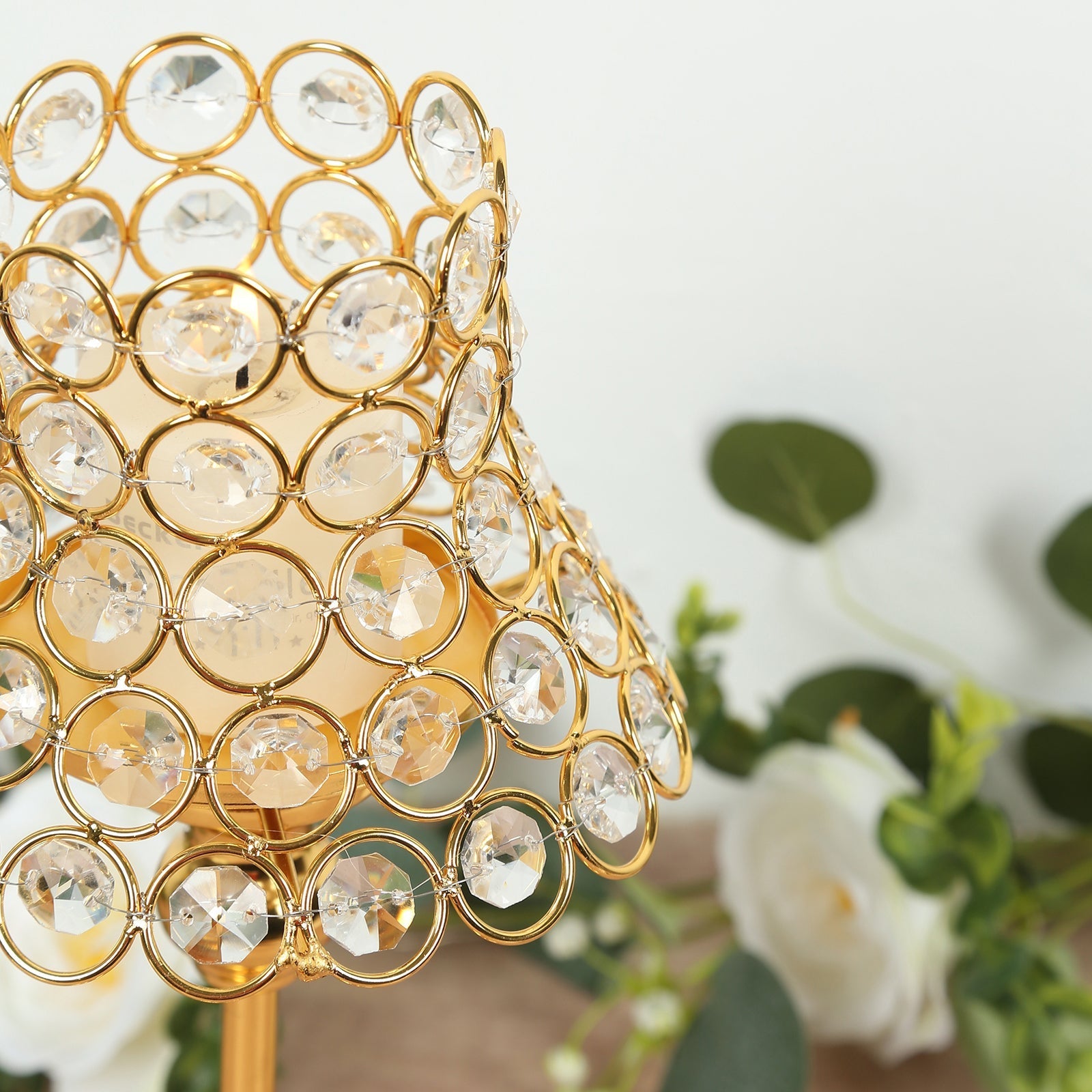 2 Pack Crystal Beaded Candle Holders – 12" Tall Gold Metal Centerpieces with Lamp-Inspired Shade for Tables & Events