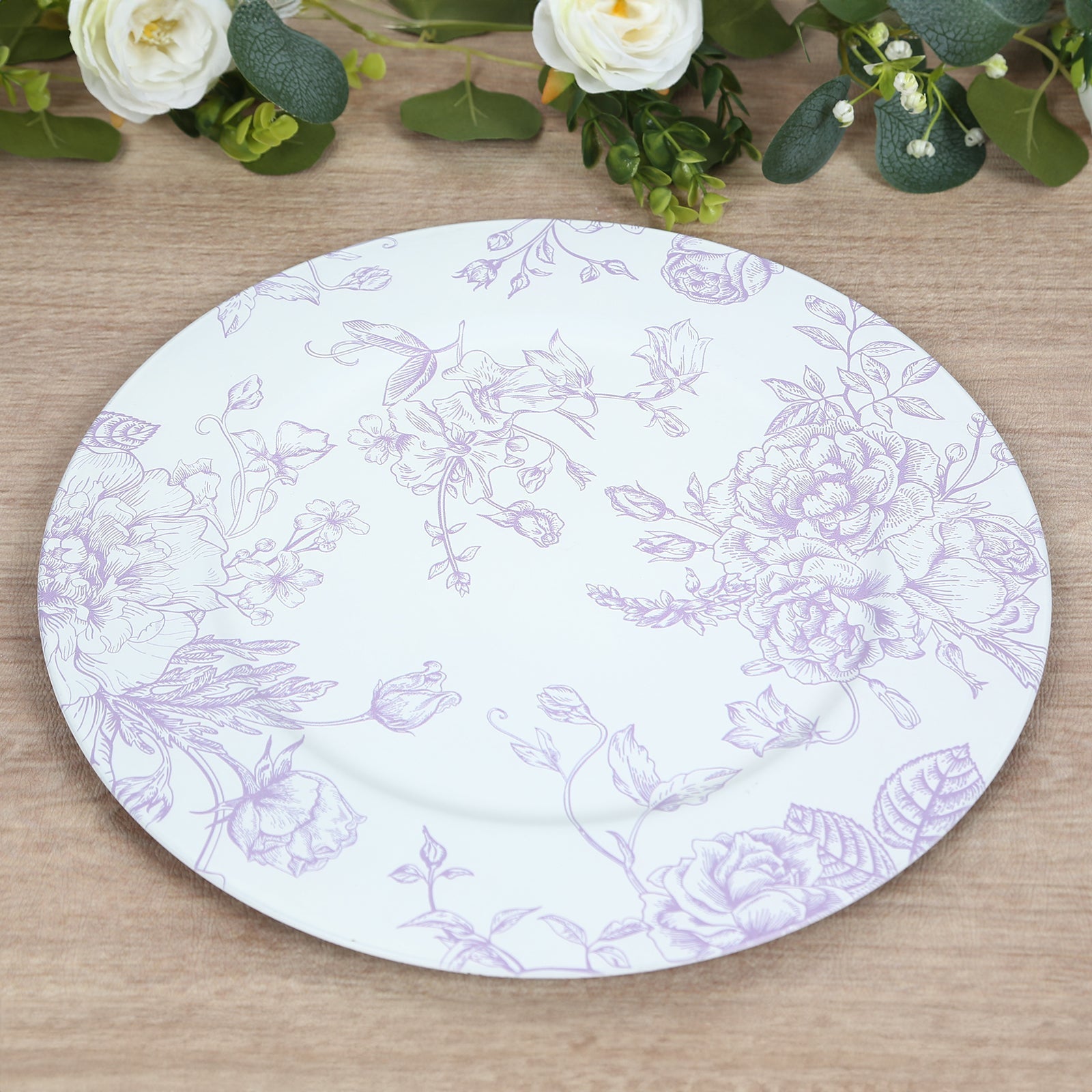 6 Pack Round Floral Acrylic Charger Plates in French Toile Pattern, 13" Matte Lavender and White Dinner Charger Event Tabletop Decor