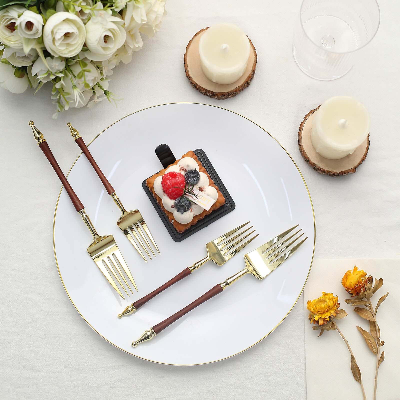 24-Pack Plastic Dessert Forks with Roman Column Handle Gold/Brown - European Style Disposable Utensils 6"