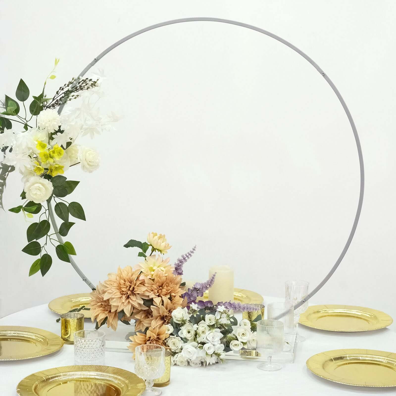Round Wedding Hoop Table Centerpiece Metal Silver - Self-Standing Floral Wreath Frame for Events 36"