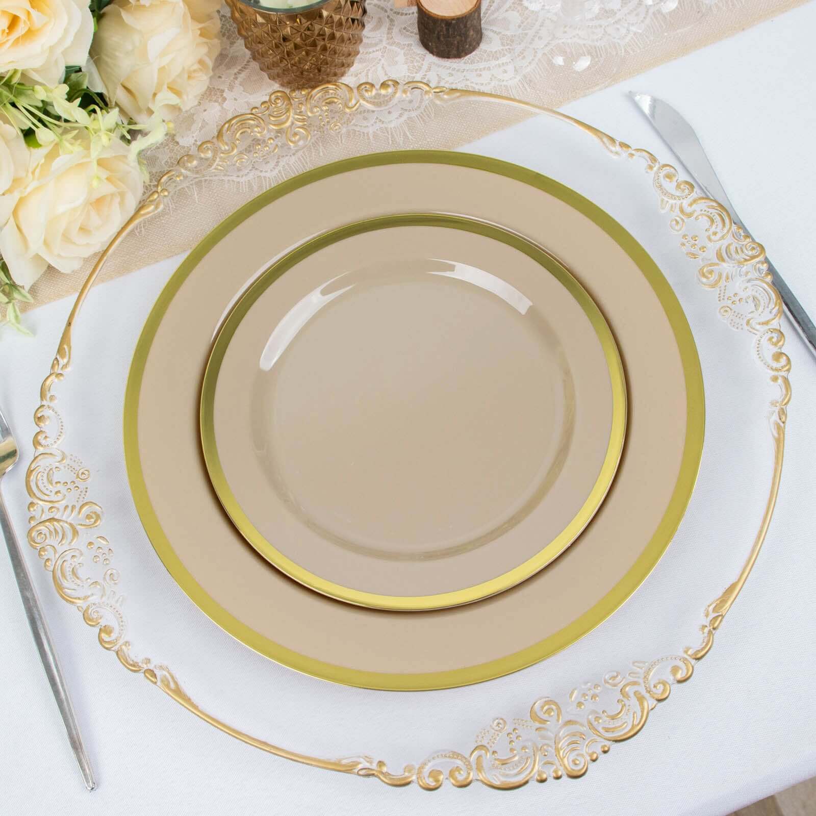 10-Pack Plastic 10" Round Dinner Plates in Taupe with Gold Rim - Disposable Party Plates for Classy Banquets & Special Occasions