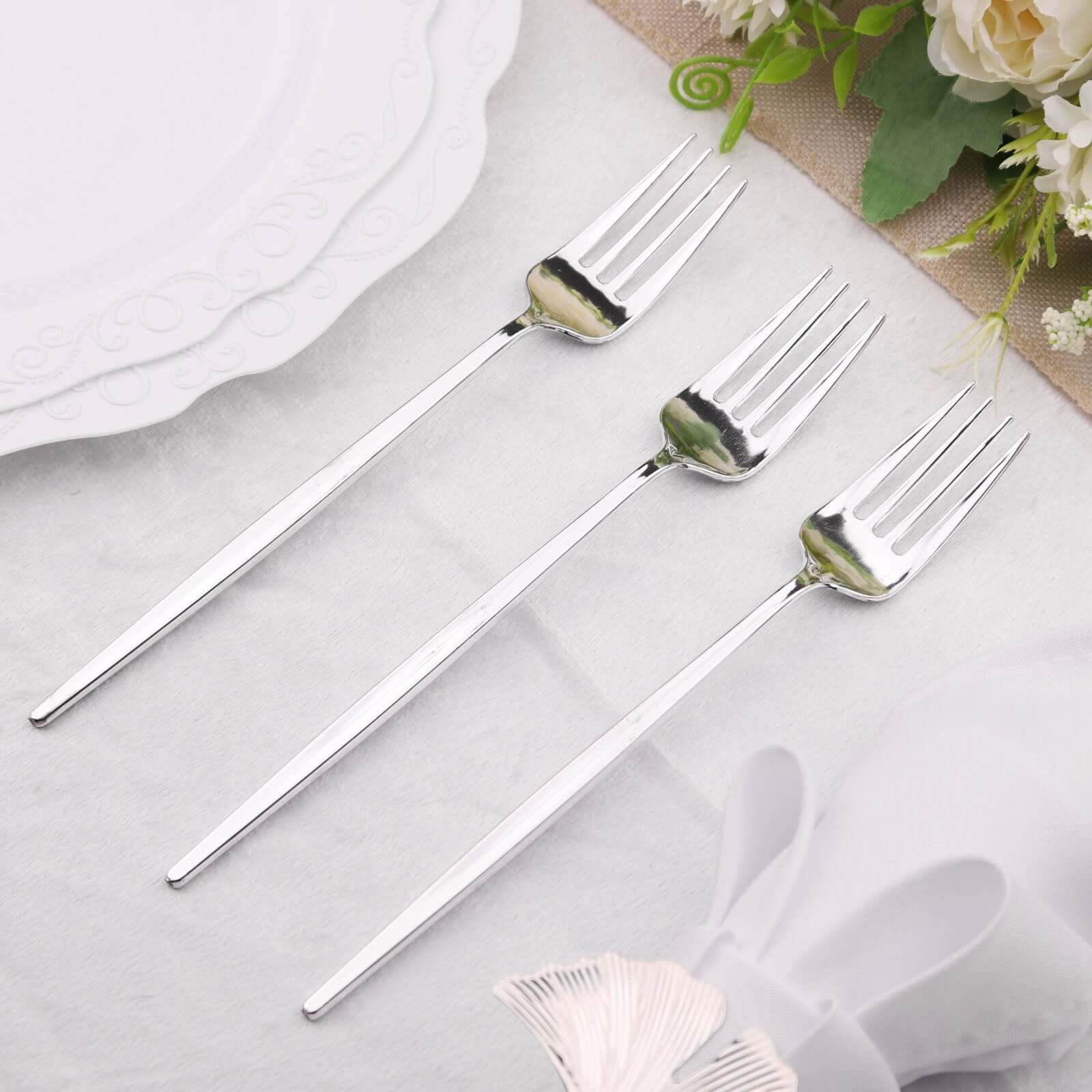 24 Pack 8" Glossy Silver Heavy Duty Plastic Silverware Forks, Shiny Cutlery, Premium Disposable Flatware