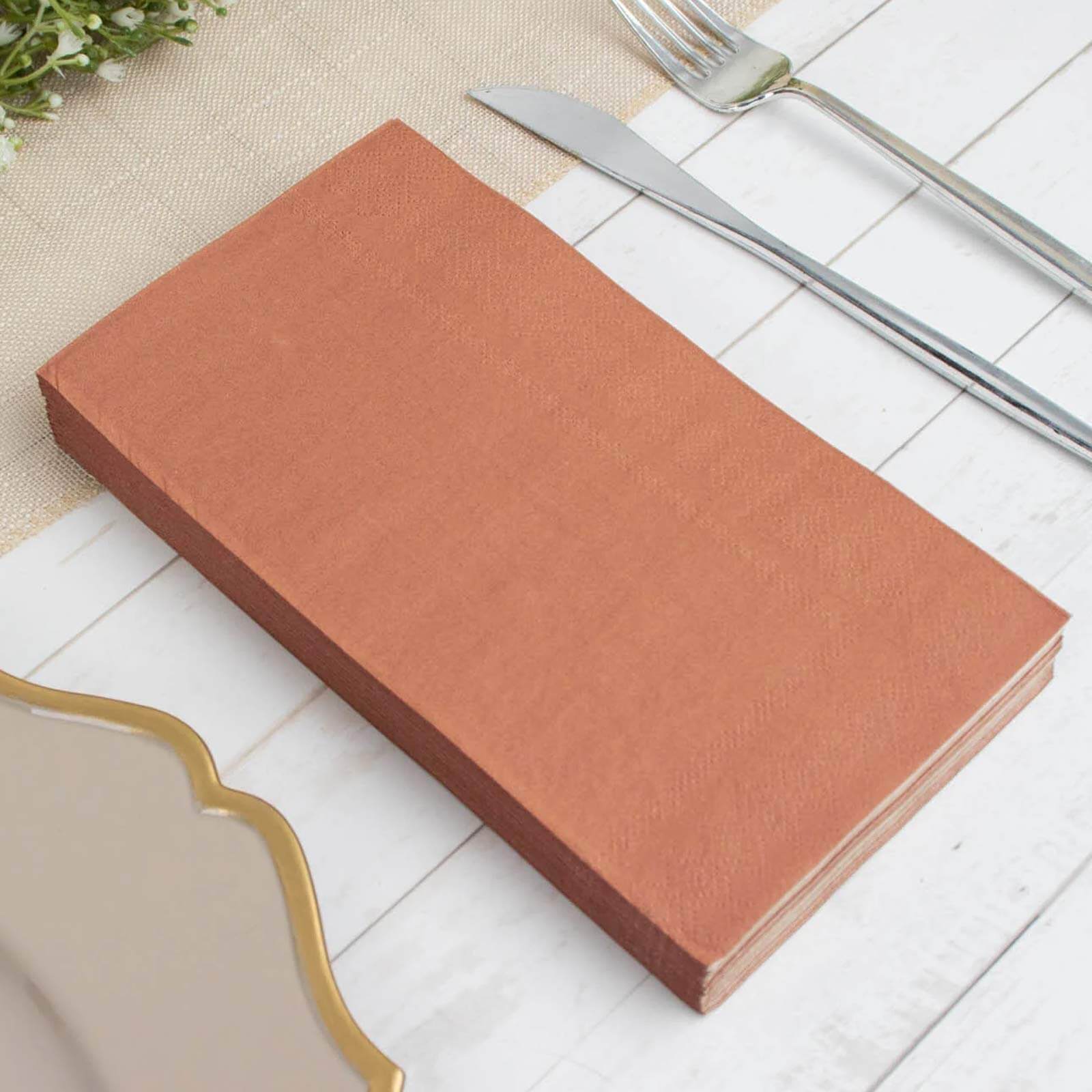 50-Pack Paper Dinner Napkins Terracotta (Rust) with Gold Embossed Leaf - Stylish 2-Ply Disposable Napkins for Weddings 18GSM