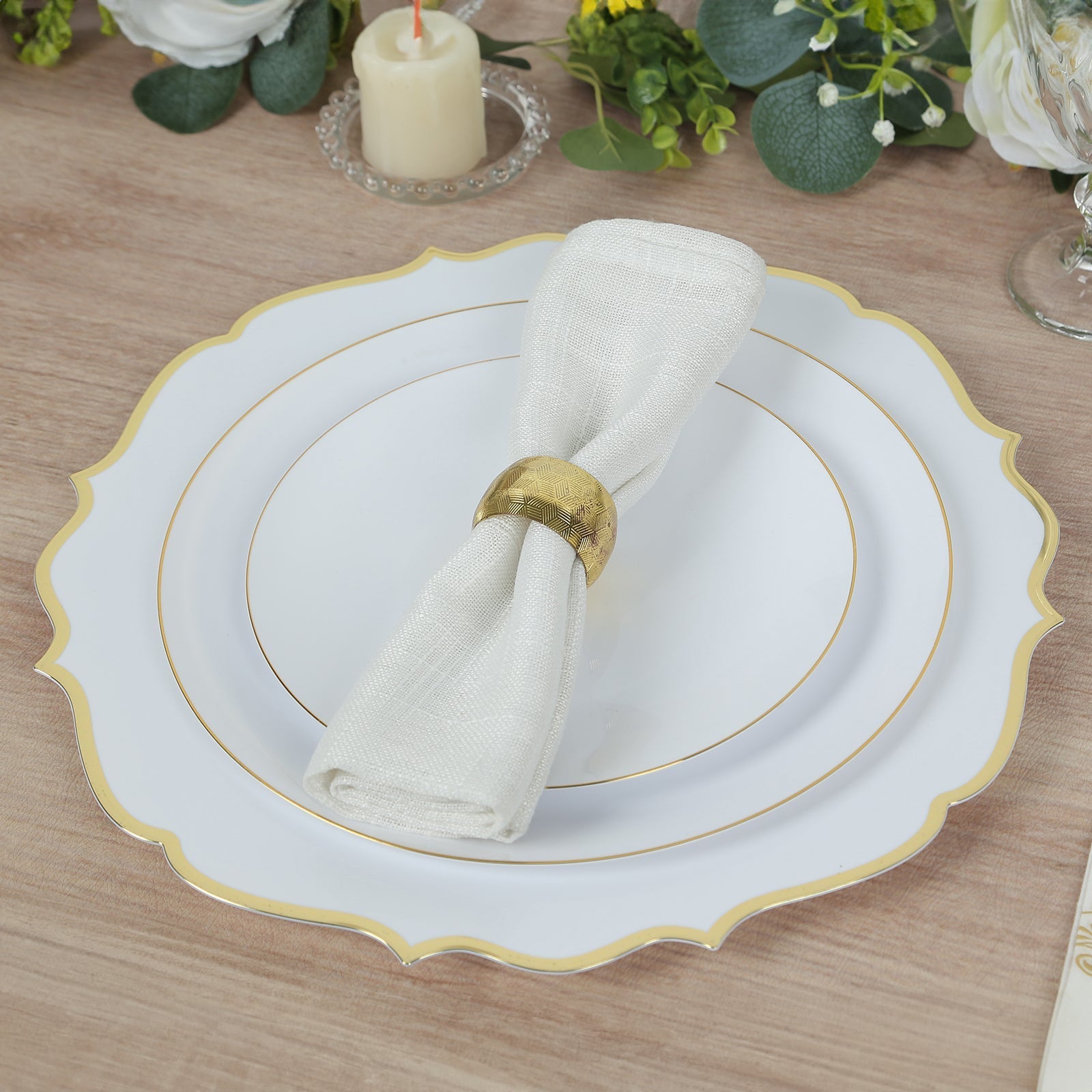 10-Pack Economy Plastic Round Charger Plates 13" in White with Gold Scalloped Rim, Decorative Dinner Party Serving Plates