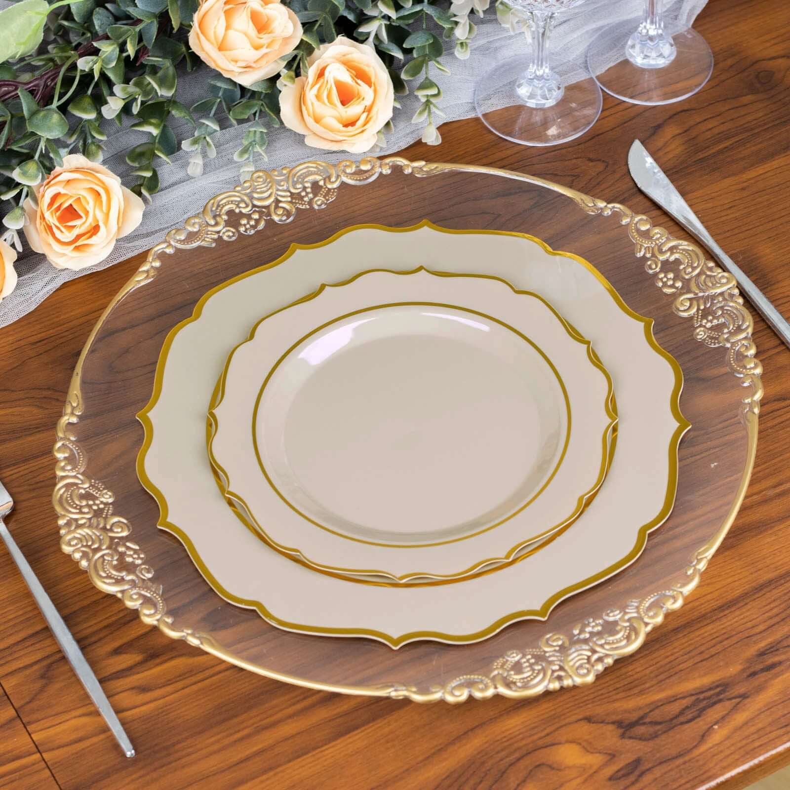 10-Pack Plastic 10" Round Dinner Plates in Taupe with Gold Scalloped Rim - Disposable Party Plates
