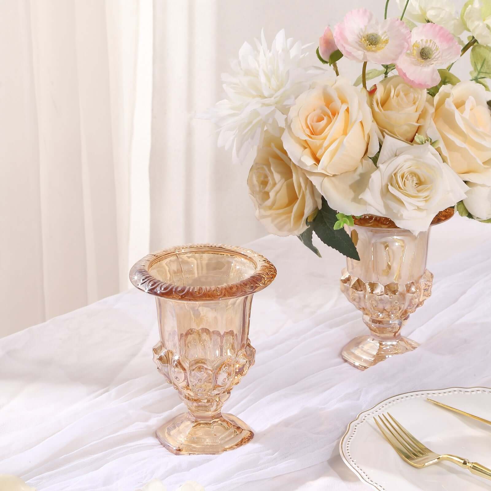 2-Pack Glass Mini Pedestal Flower Vases in Classic Roman Urn Style Amber Gold - Sophisticated Wedding Table Centerpieces 6"