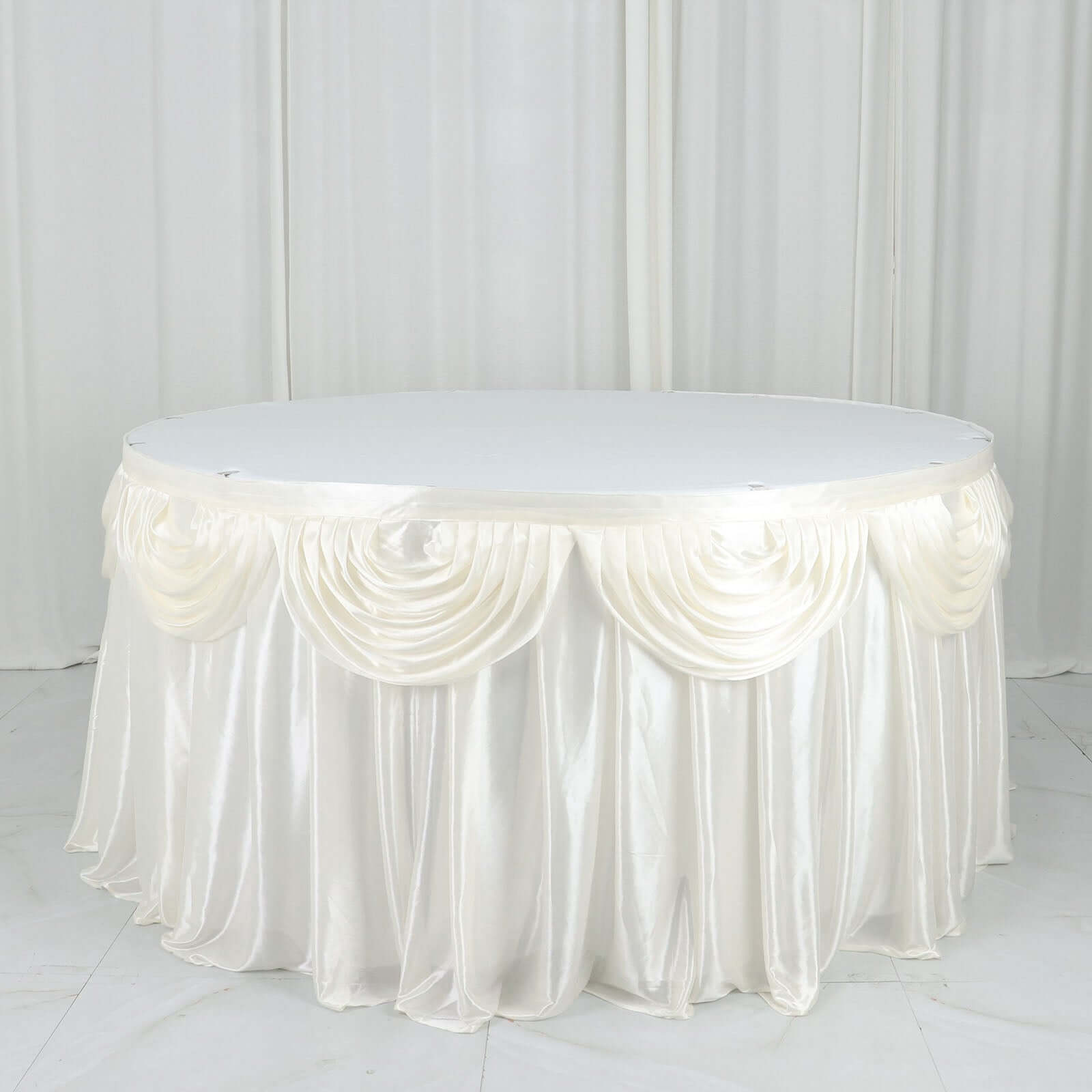 Satin 14ft Table Skirt Ivory - Pleated Double Drape Table Cover