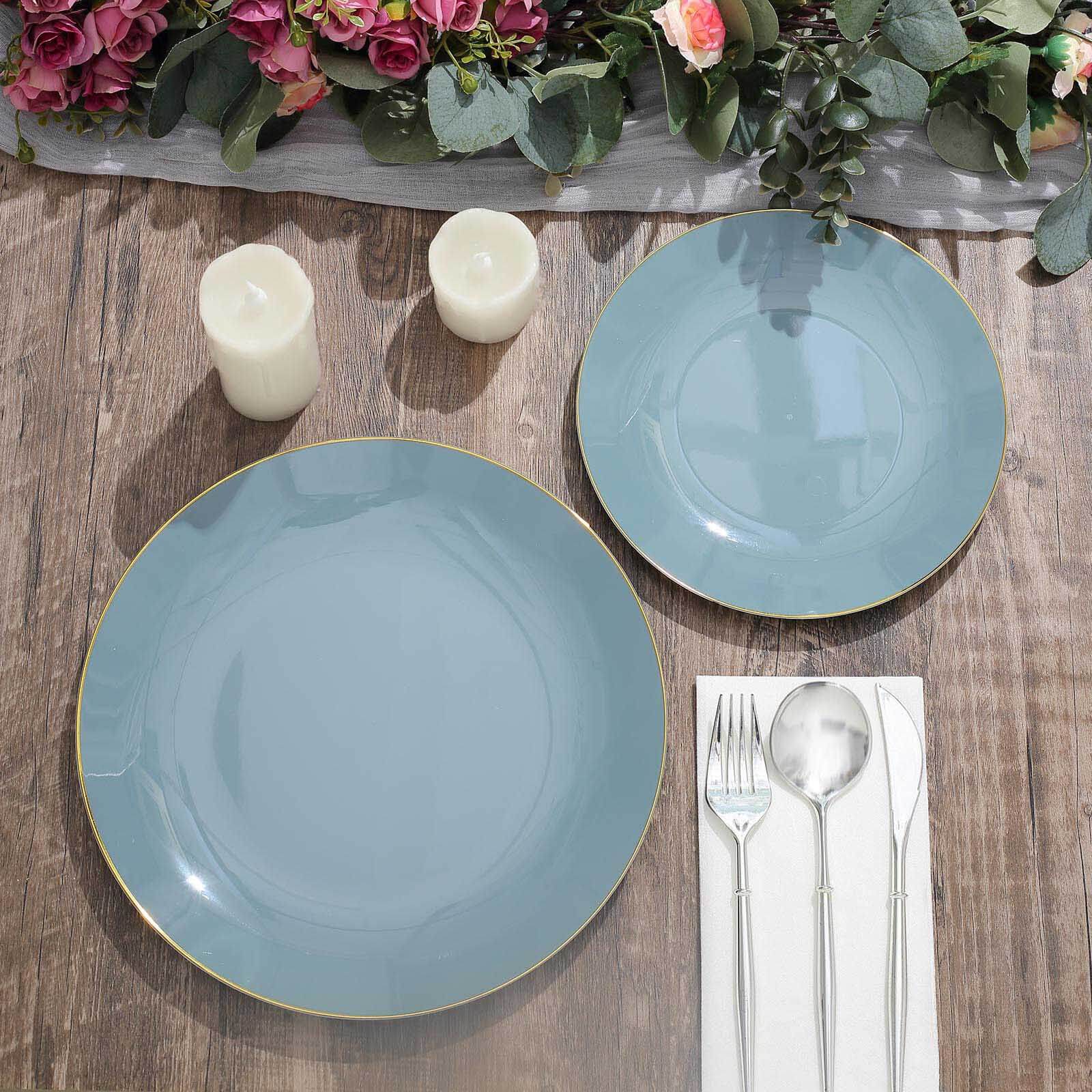10-Pack Plastic 8" Round Dessert Plates in Dusty Blue with Gold Rim - Glossy Disposable Appetizer Salad Plates