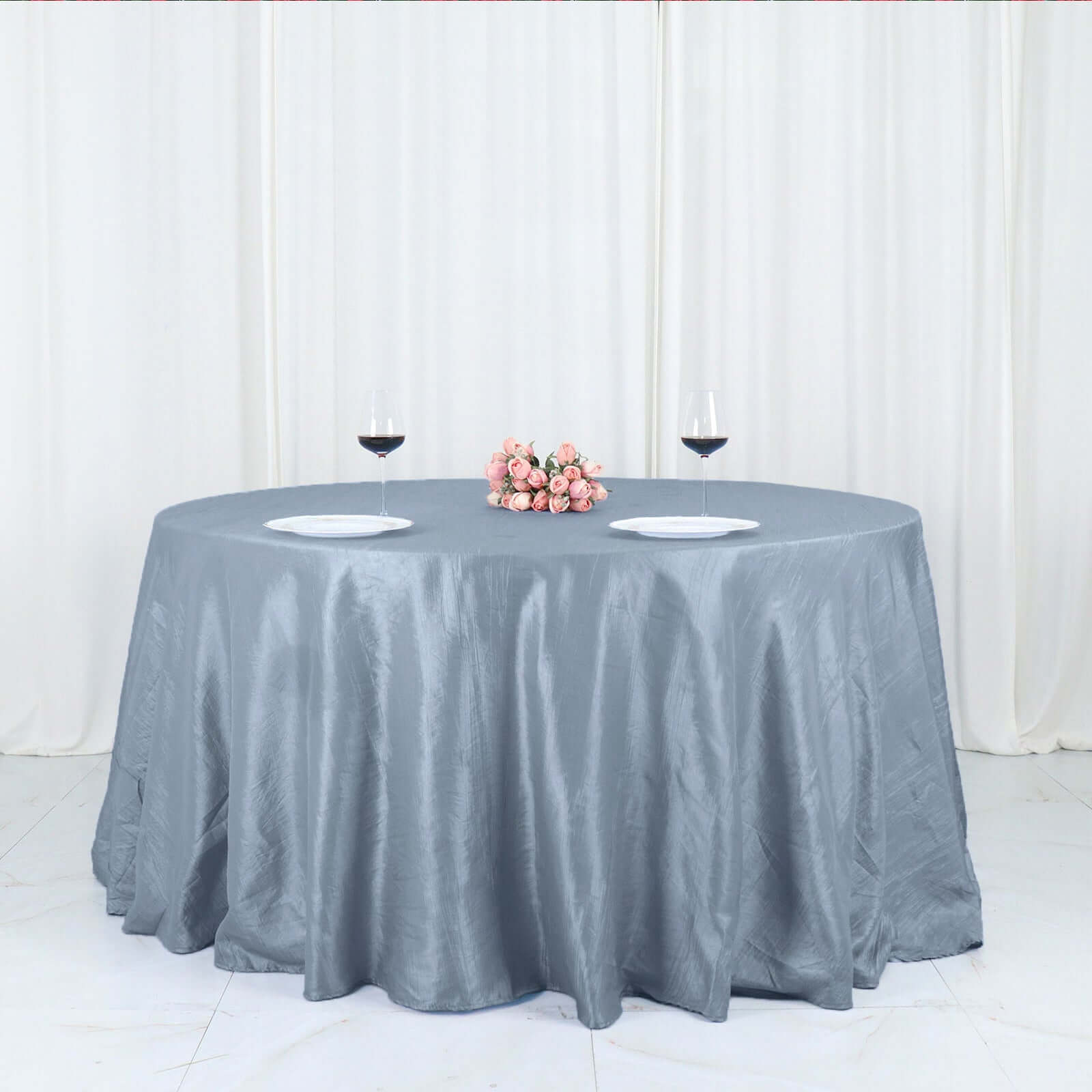 Taffeta 132" Round Tablecloth Dusty Blue - Seamless Accordion Crinkle Table Cover