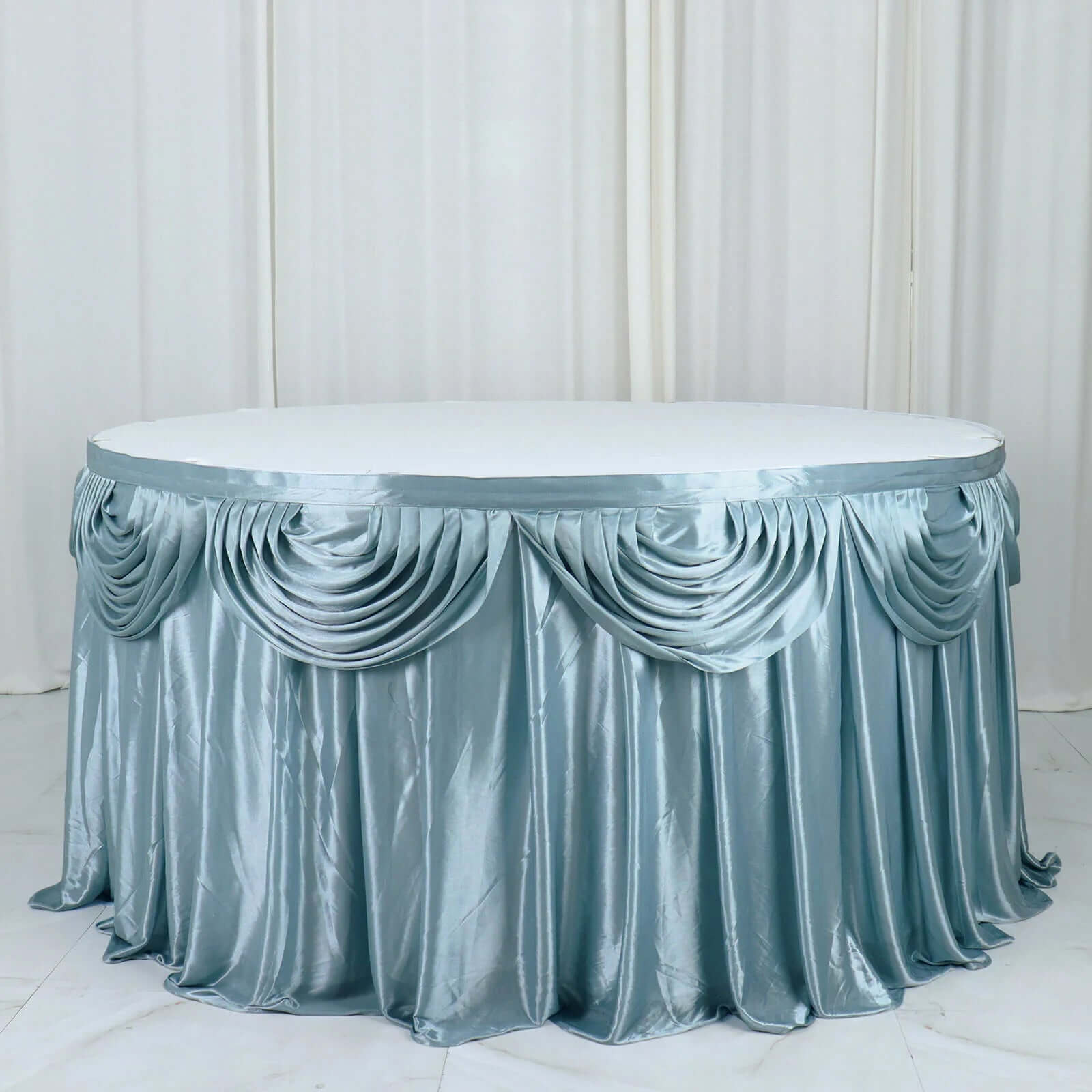 Satin 14ft Table Skirt Dusty Blue - Pleated Double Drape Table Cover