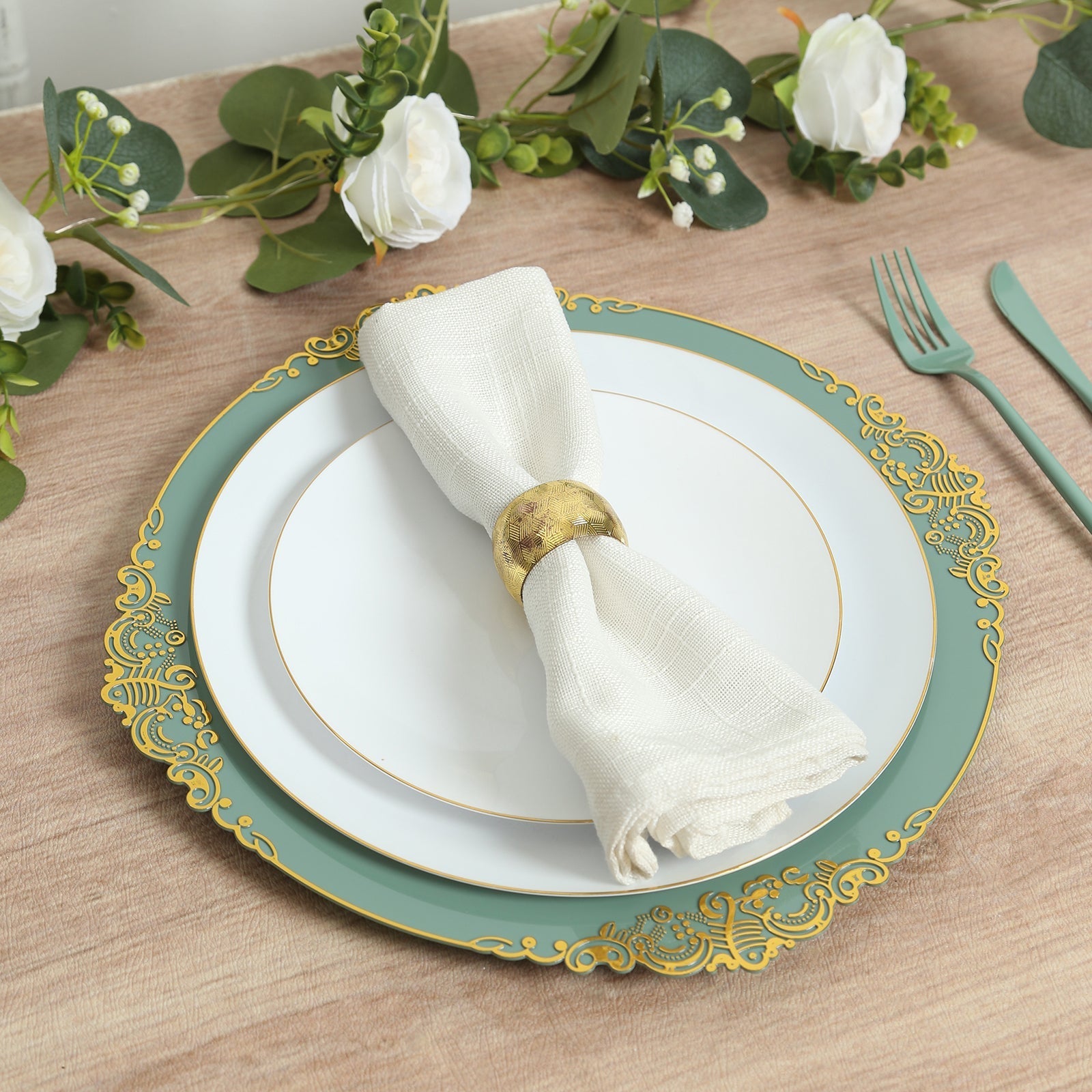 20-Pack Economy Plastic Round Charger Plates 13" in Dusty Sage Green with Gold Embossed Baroque Rim, Stylish Dinner Party Serving Plates