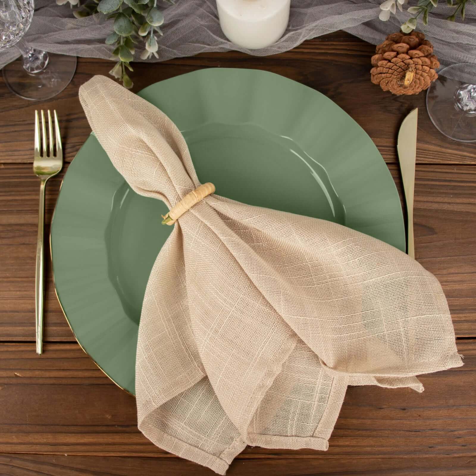 10-Pack Plastic 11" Round Dinner Plates in Dusty Sage Green Ruffled Rim with Gold Edging - Sturdy Disposable Dinnerware