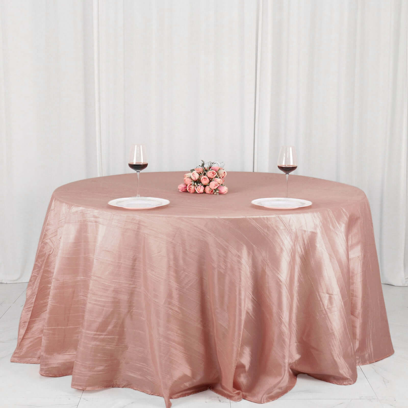 Taffeta 132" Round Tablecloth Dusty Rose - Seamless Accordion Crinkle Table Cover