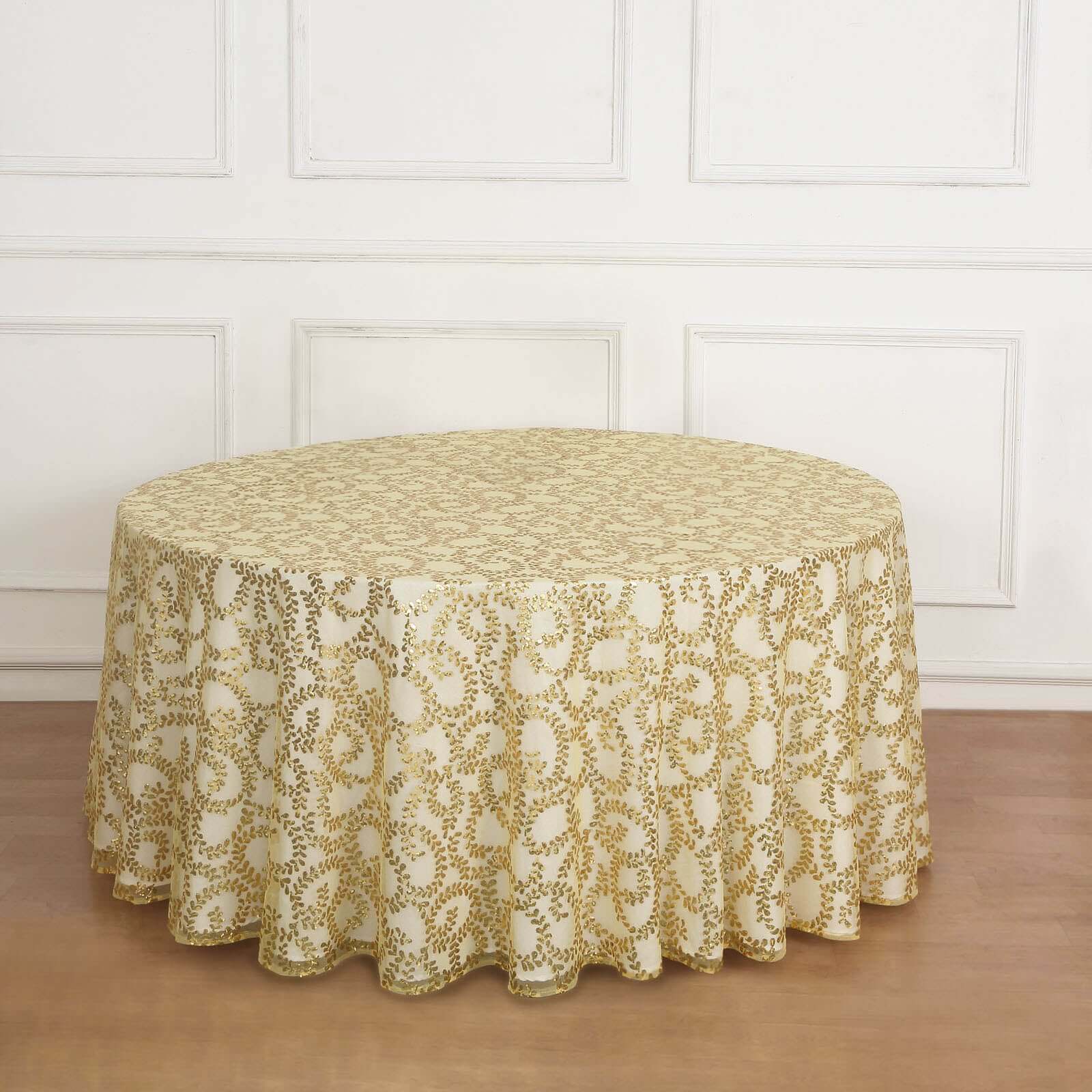 Tulle 120" Round Tablecloth Gold - Seamless Sequin Leaf Embroidered Design for Sophisticated Occasions