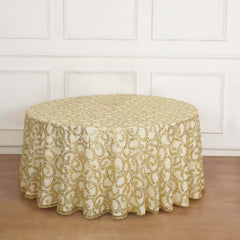 Tulle 120" Round Tablecloth Gold - Seamless Sequin Leaf Embroidered Design for Sophisticated Occasions