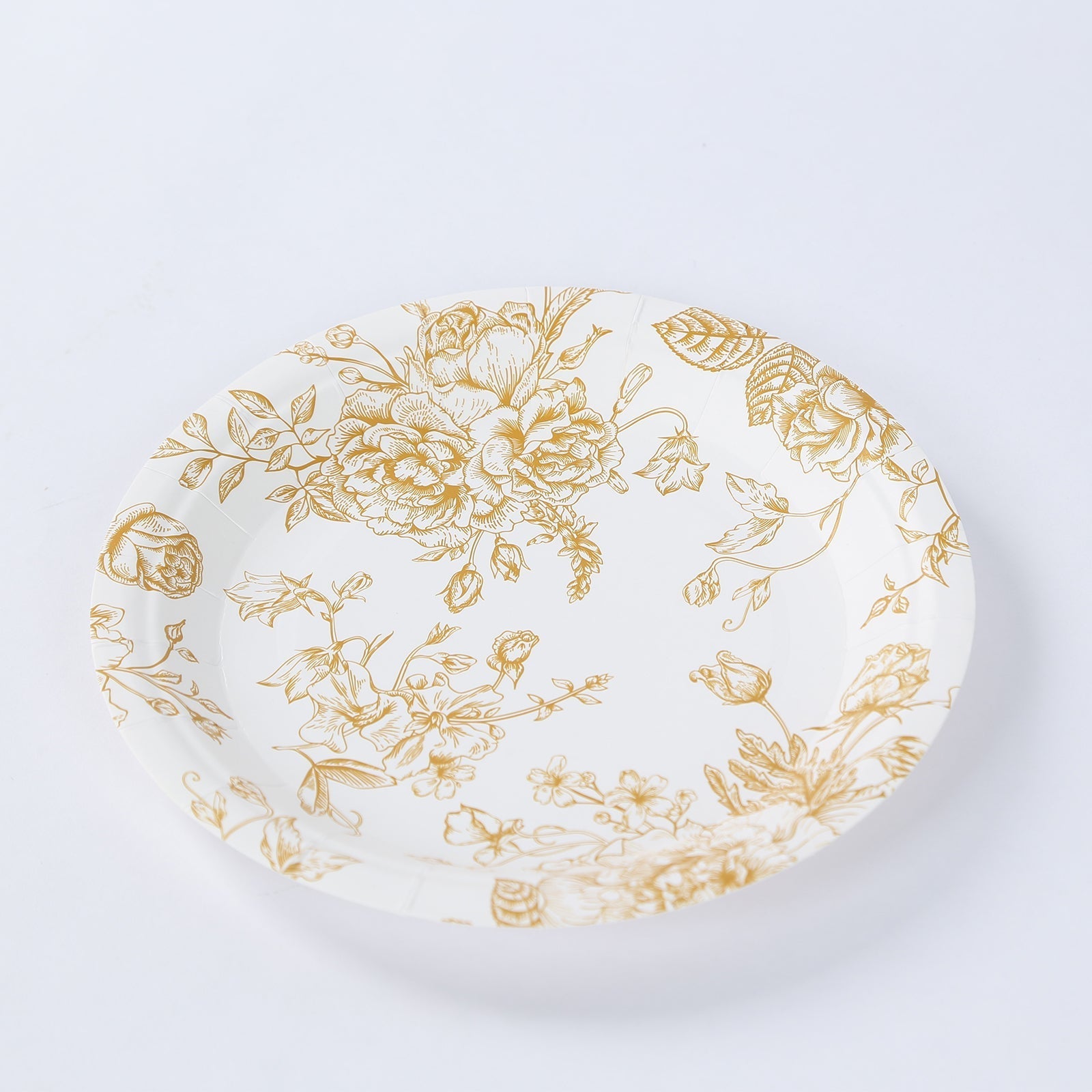 25-Pack Paper 7" Round Dessert Plates in White with Gold French Toile Pattern - Disposable Floral Salad Appetizer Plates for Chic Event Decor