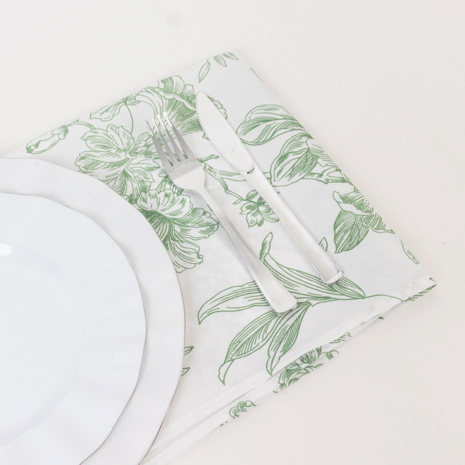 5 Pack Polyester 20"x20" Dinner Napkins White with Dusty Sage Green French Toile Pattern - Reusable Floral Cloth Napkins