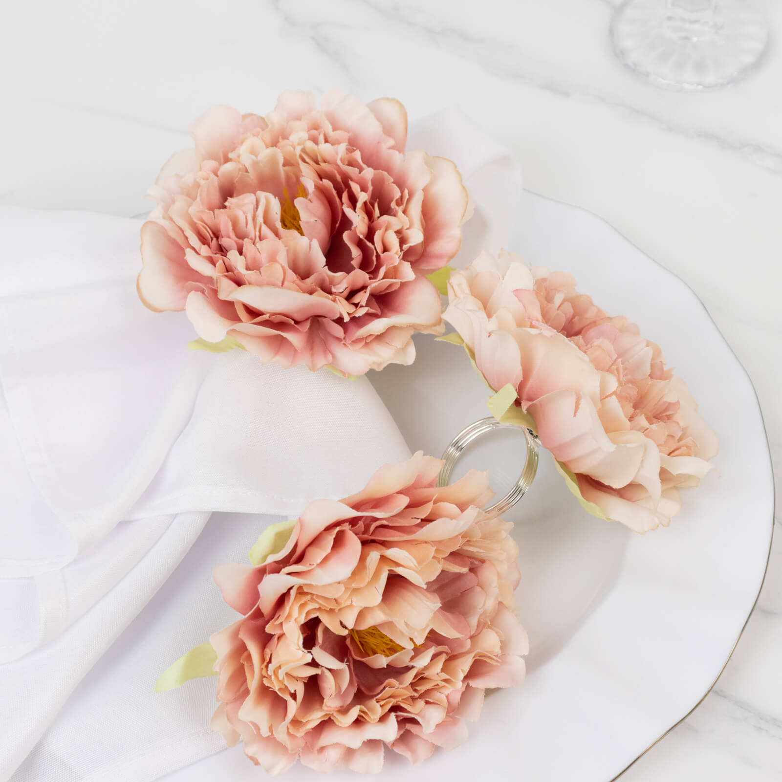 4-Pack Napkin Holders with Silk Peony Flower – Pink Floral Napkin Rings for Dining Table Settings