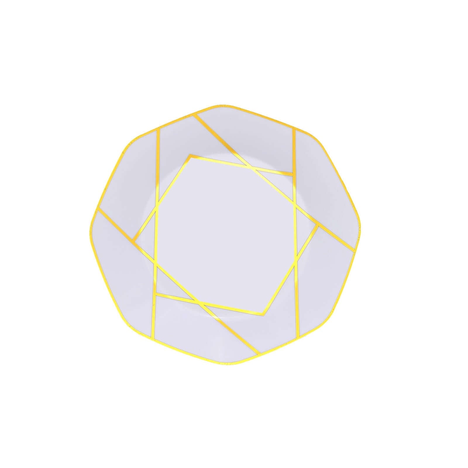 10-Pack Plastic 8" Octagon Dessert Plates in White - Modern Disposable Salad/Appetizer Plates with Gold Geometric Design for Special Occasions & Celebrations