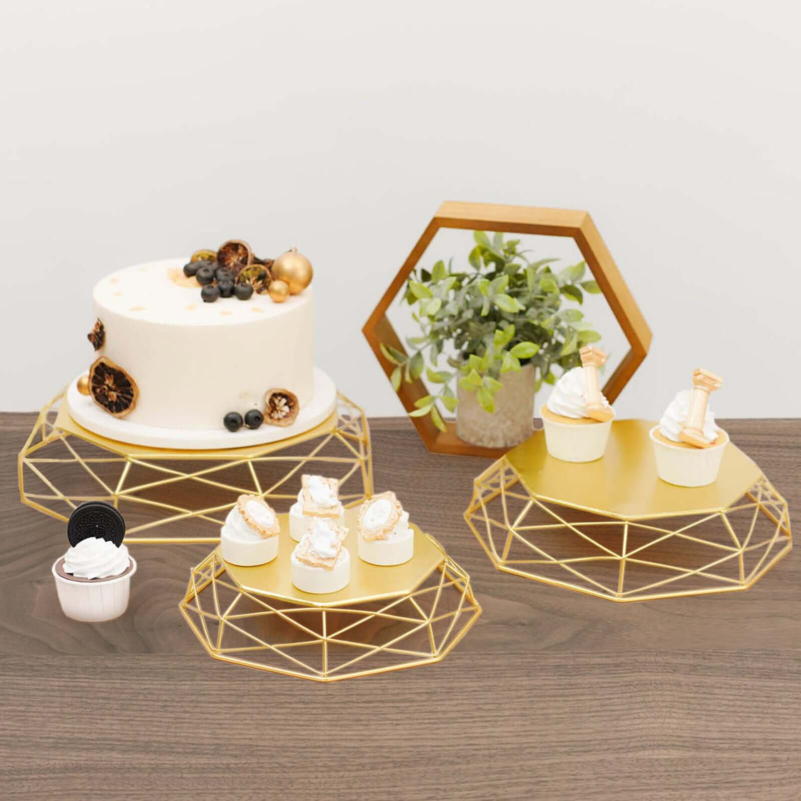 Set of 3 Metal Cake Stands Geometric Reversible Octagon Design Gold - Dessert Display Baskets 7", 9", 11"