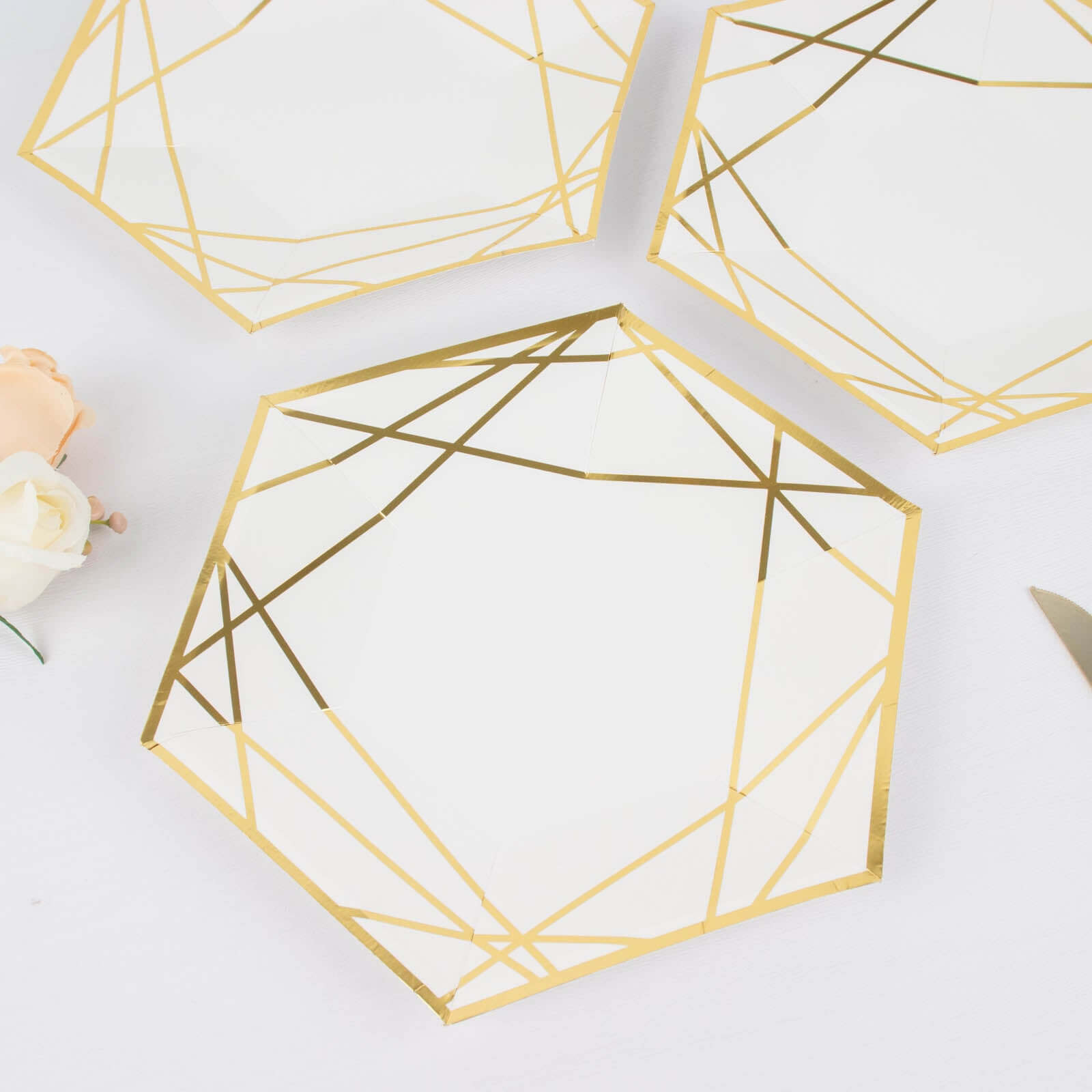 25-Pack Paper 7" Hexagon Dessert Plates in White with Gold Geometric Lines & Rim - Stylish Disposable Geometric 300GSM Appetizer Salad Plates for Events & Banquets