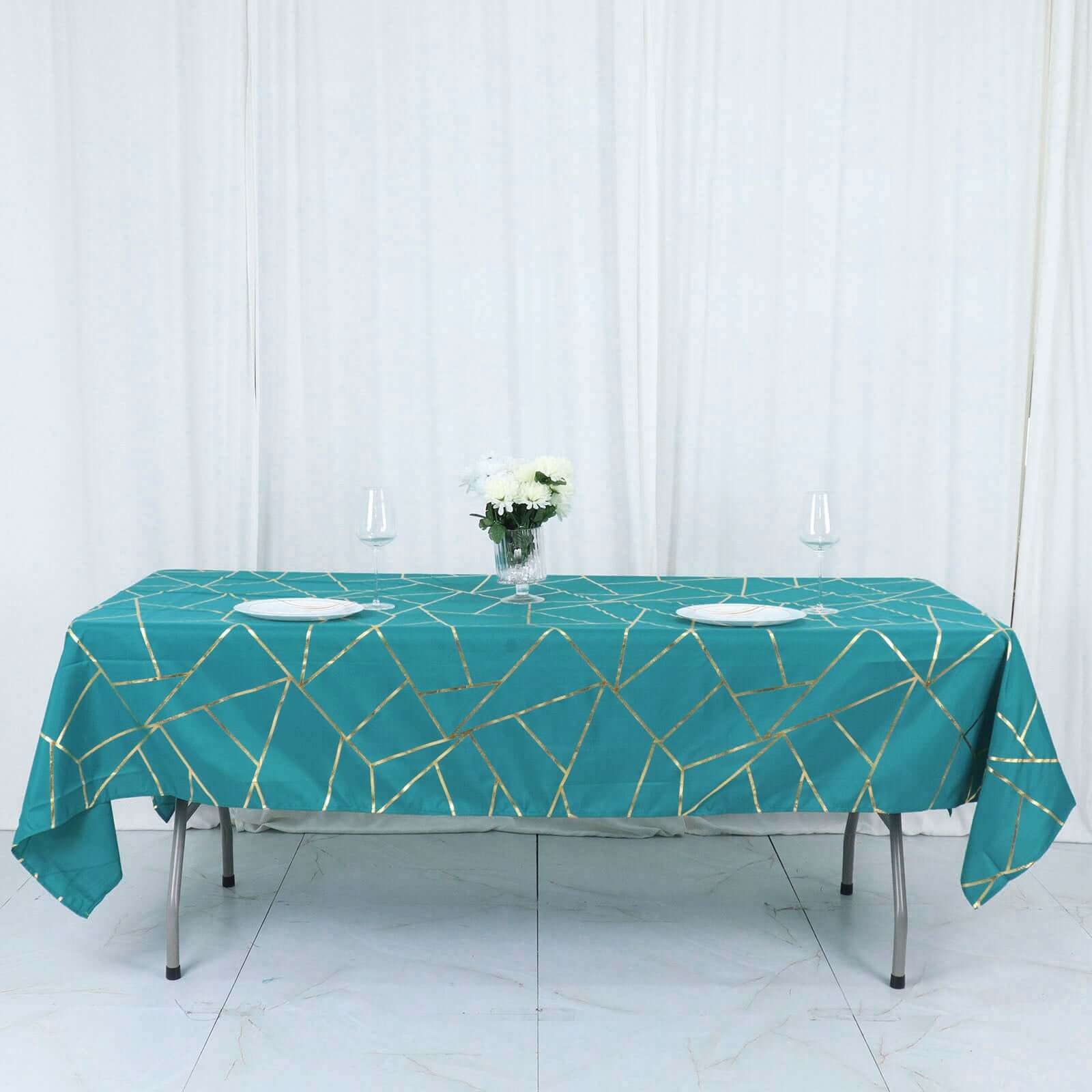 Polyester 60"x102" Rectangle Tablecloth Teal with Gold Foil Geometric Pattern - Wrinkle-Resistant & Durable Table Cover