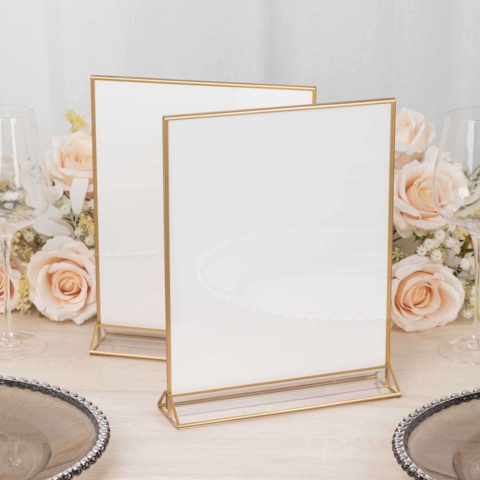 6-Pack Gold Acrylic Rectangular Frame Sign Holders Clear Double-Sided Display with White Cardboard - Suitable for Banquets 9"x11"