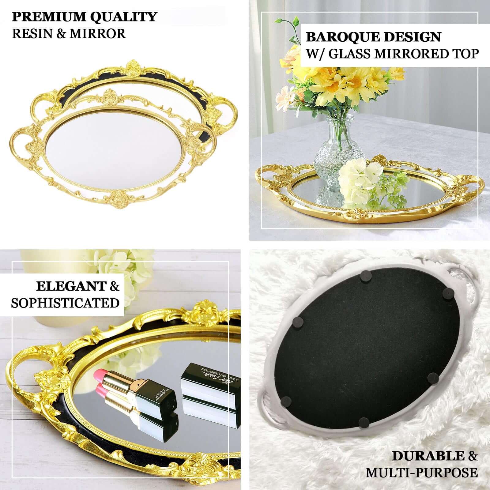 Resin Mirrored Vanity Oval Serving Tray 14"x10" in Black with Metallic Gold Baroque Design, Stylish Decorative Vanity Tray Centerpiece