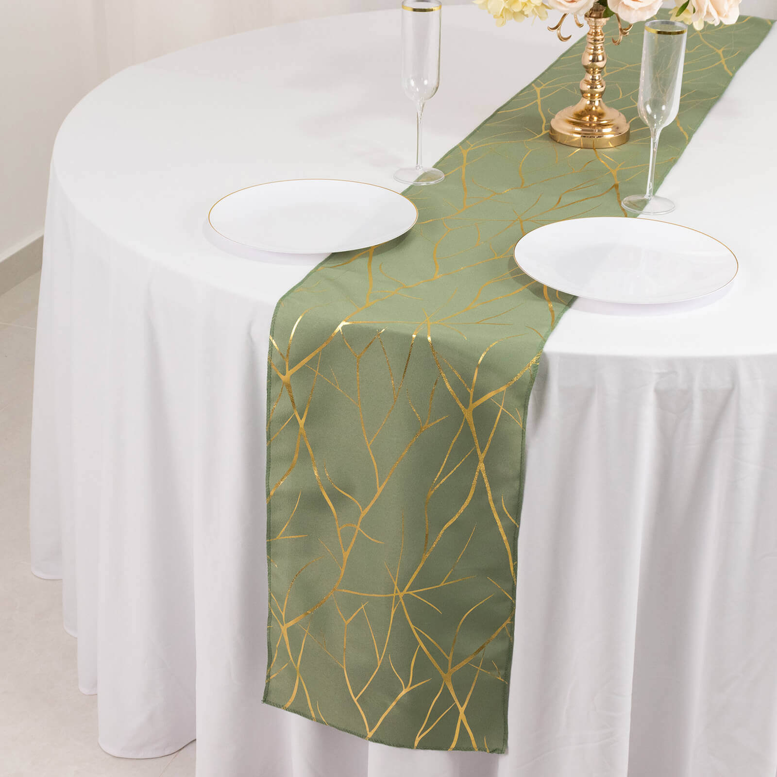 Polyester 9ft Table Runner Dusty Sage Green with Gold Foil Tree Branch Pattern - Stylish Table Linen