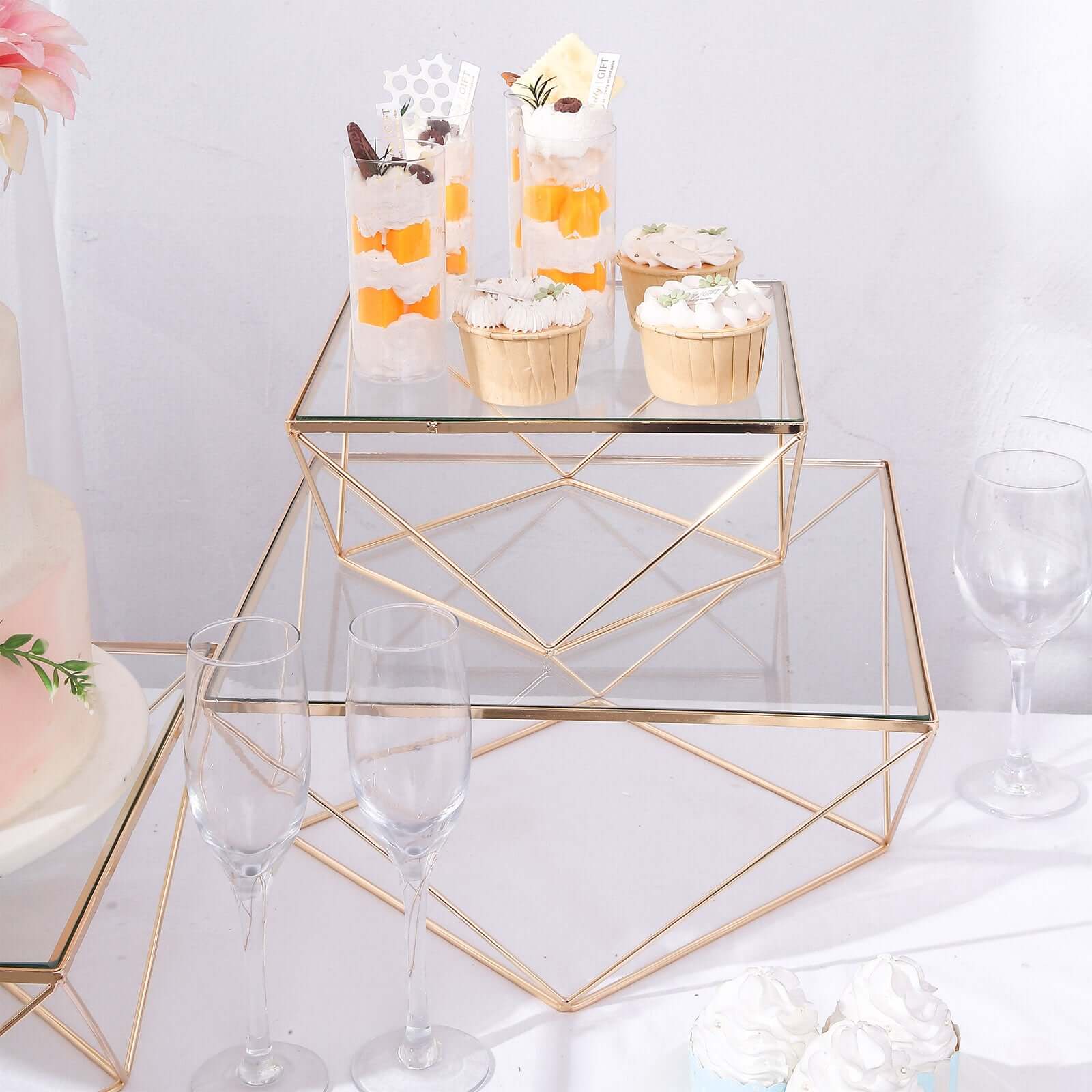 Set of 3 Metal Cake Dessert Stands Geometric Stackable Design Gold with Square Glass Top - Pedestal Display Centerpieces