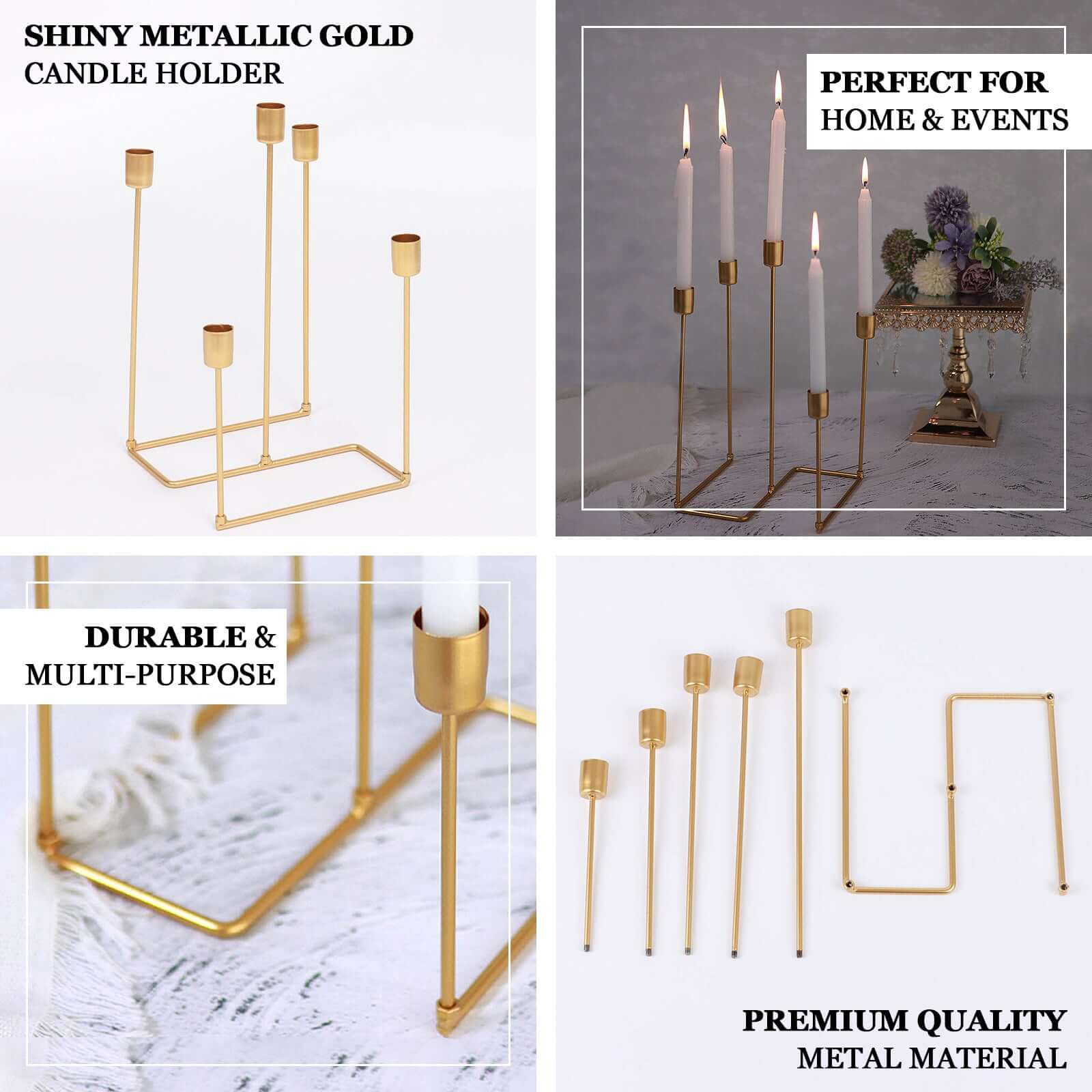 Taper Candle Holder Gold Metal 5-Arm Geometric Candelabra Design - Decorative Piece for Banquets and Celebrations 12"