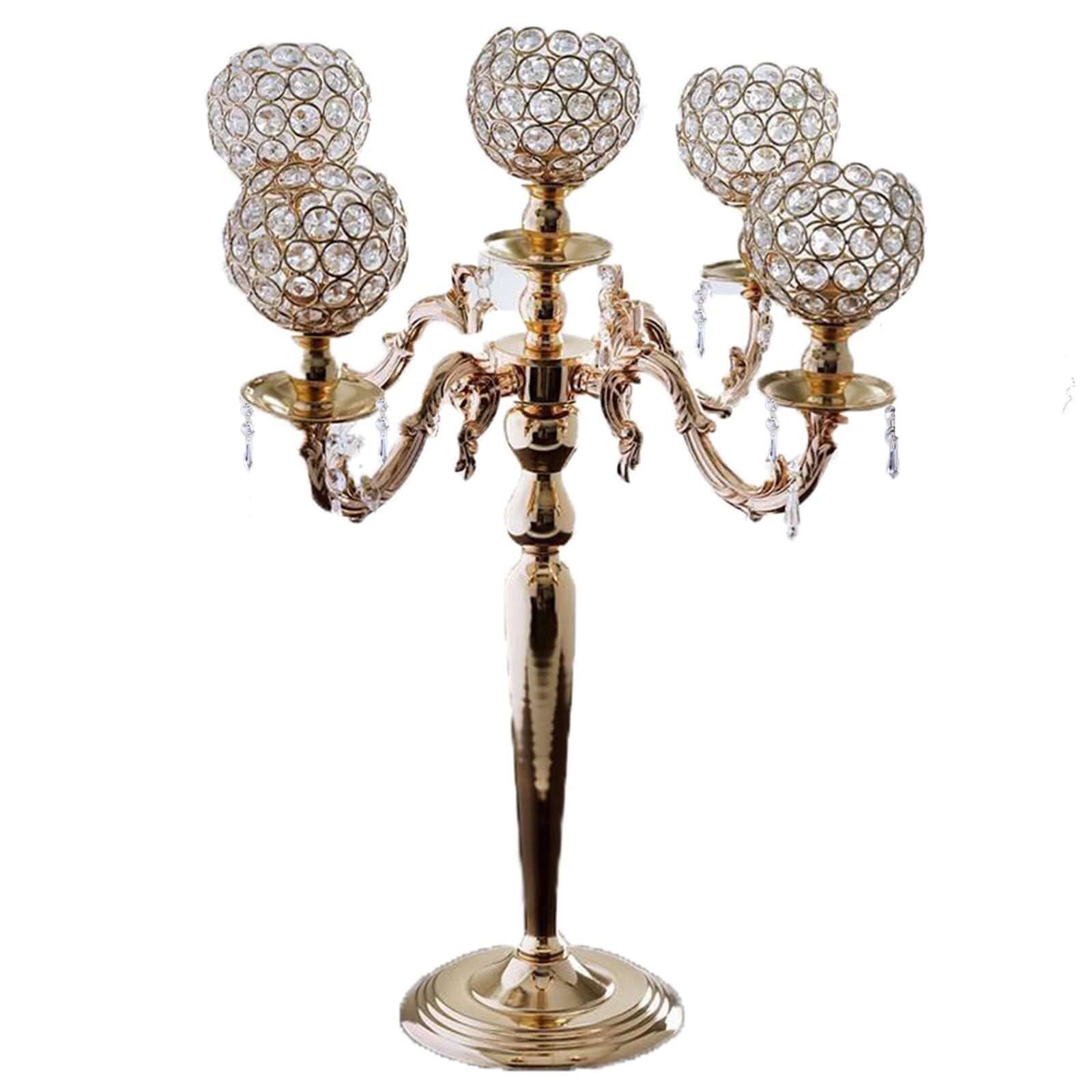 5-Arm Crystal Beaded Globe Candelabra Gold Metal - Chic Candle Holder Table Centerpiece for Gatherings 25"