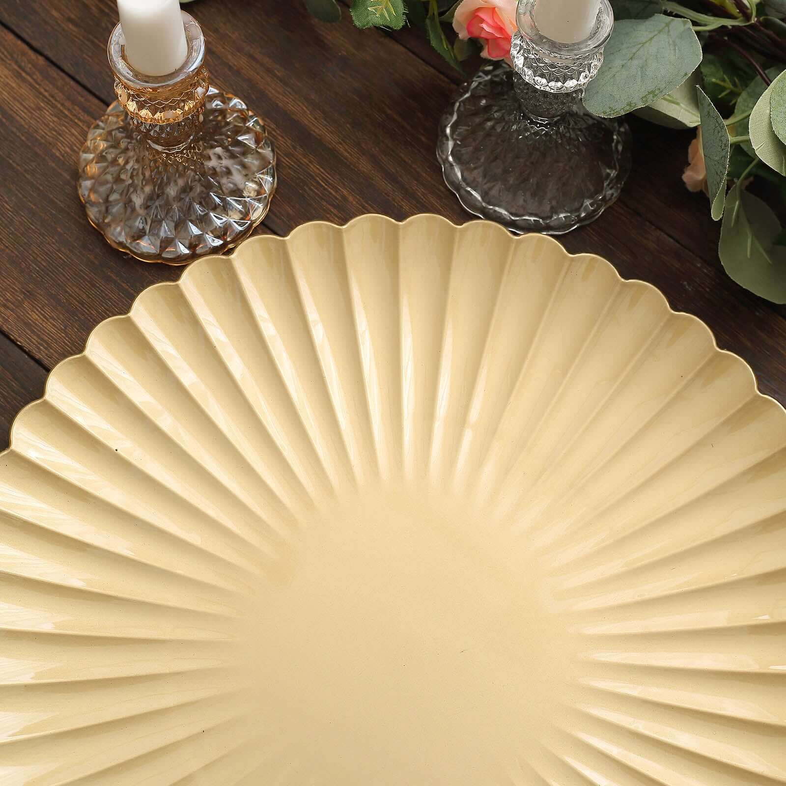 6-Pack Plastic Round Charger Plates 13" in Gold with Scalloped Shell Pattern, Coastal Inspired Disposable Charger Tableware